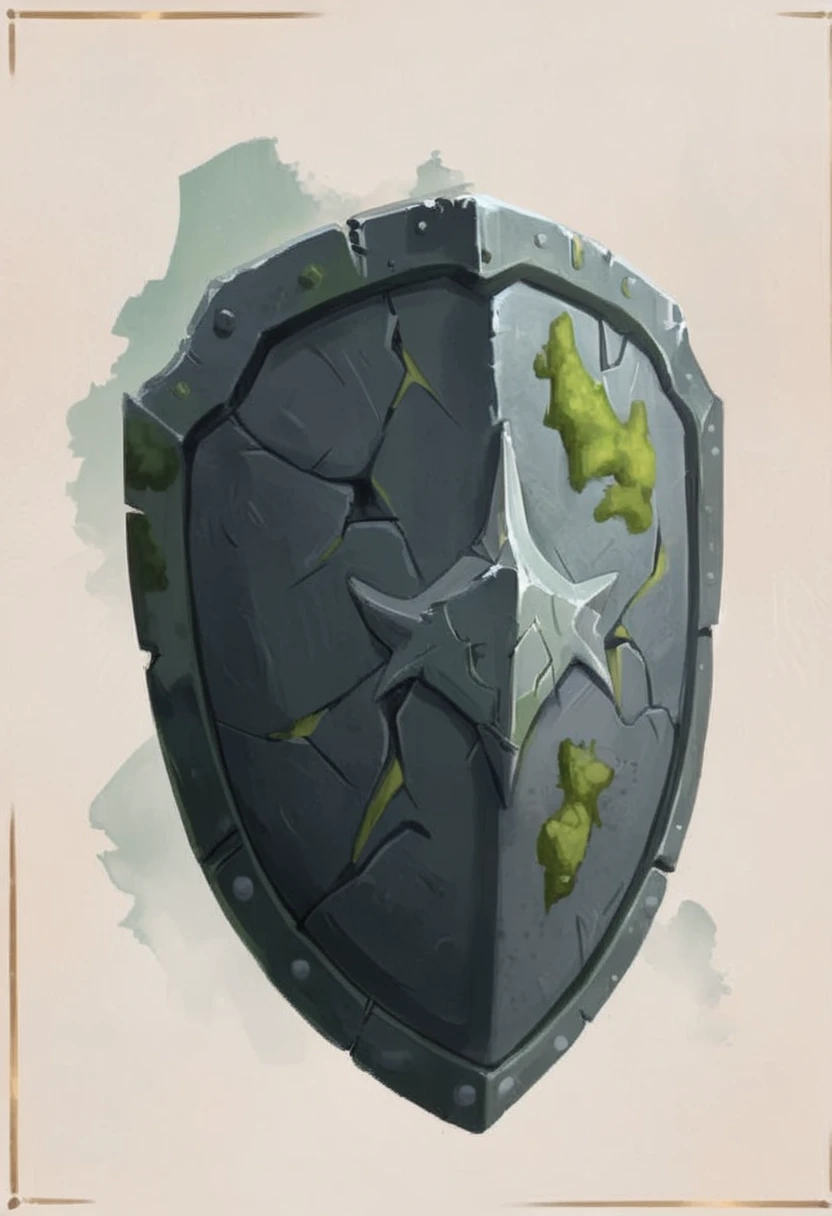 masterpiece, best quality, dnd item, shield, stone, moss, cracks