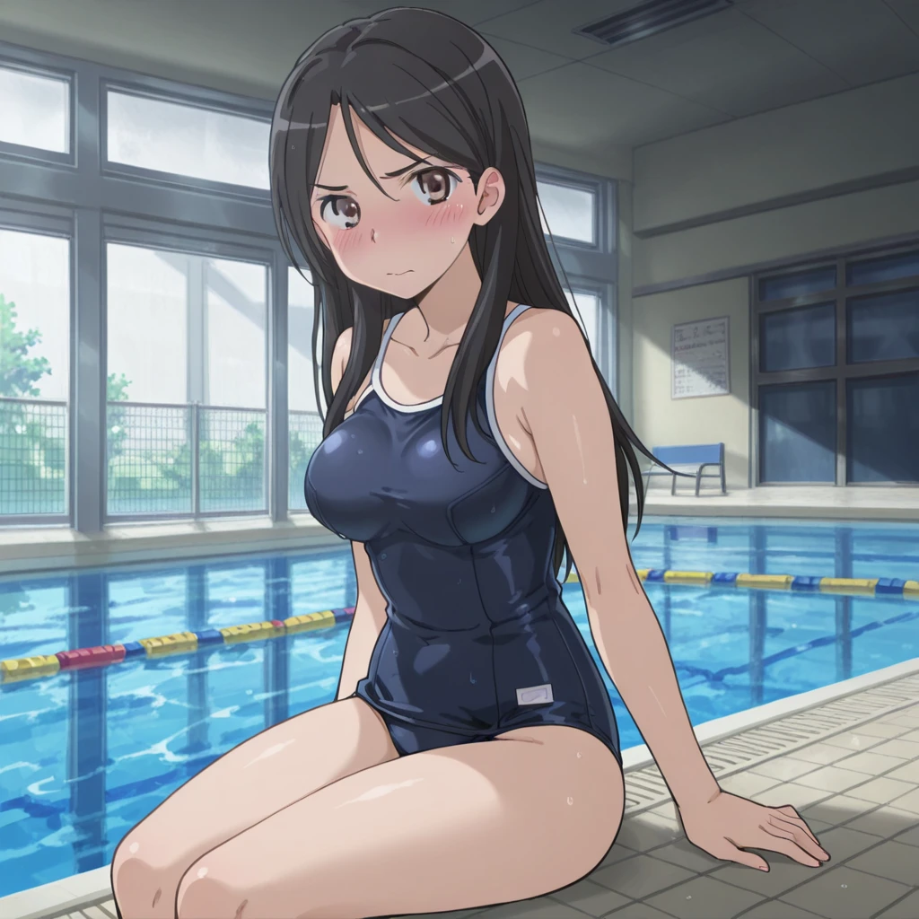 1girl, sitting next to a school pool, wearing a bathing suit, beautiful hair, watching the viewer, small breasts, cute butt.