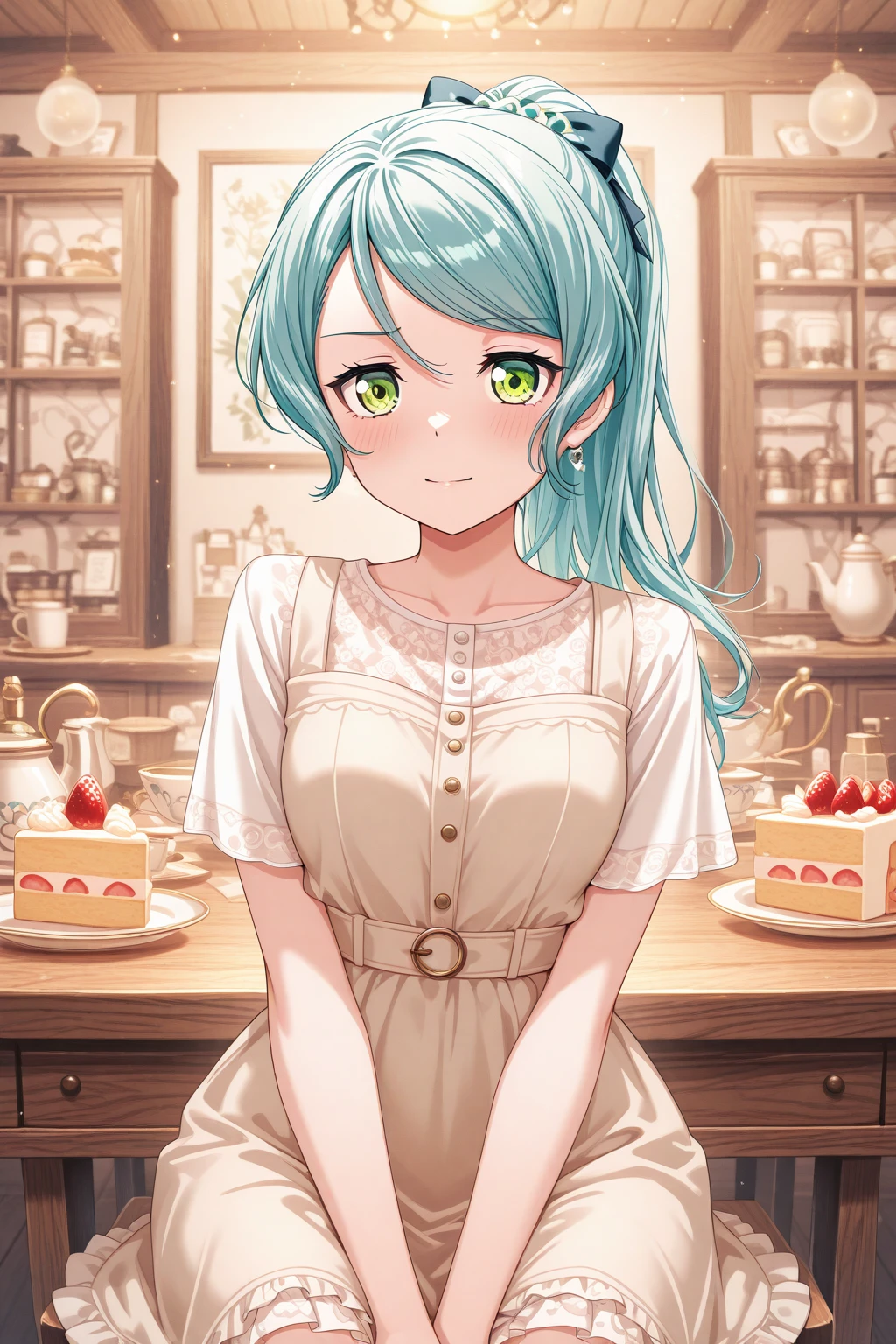 masterpiece, best quality, amazing quality, 1girl, solo, makeup, general, looking at viewer, blush, highres, cowboy shot, birthday, cake, cafe, sitting, happy birthday, tea set, dessert, strawberry shortcake, balloon, indoors, elegant, celebration, relaxed, feminine, <lora:Hikawa_Sayo_Ban_Dori:1>, Hikawa_Sayo_Ban_Dori, long hair, aqua hair, green eyes, swept bangs, ponytail, hair ribbon, frilled dress, jewelry, dress, <lora:wai-2Rectified-V140:1>, <lora:illustrious_noobai_epsilon_pred_1_masterpieces_v1:1>