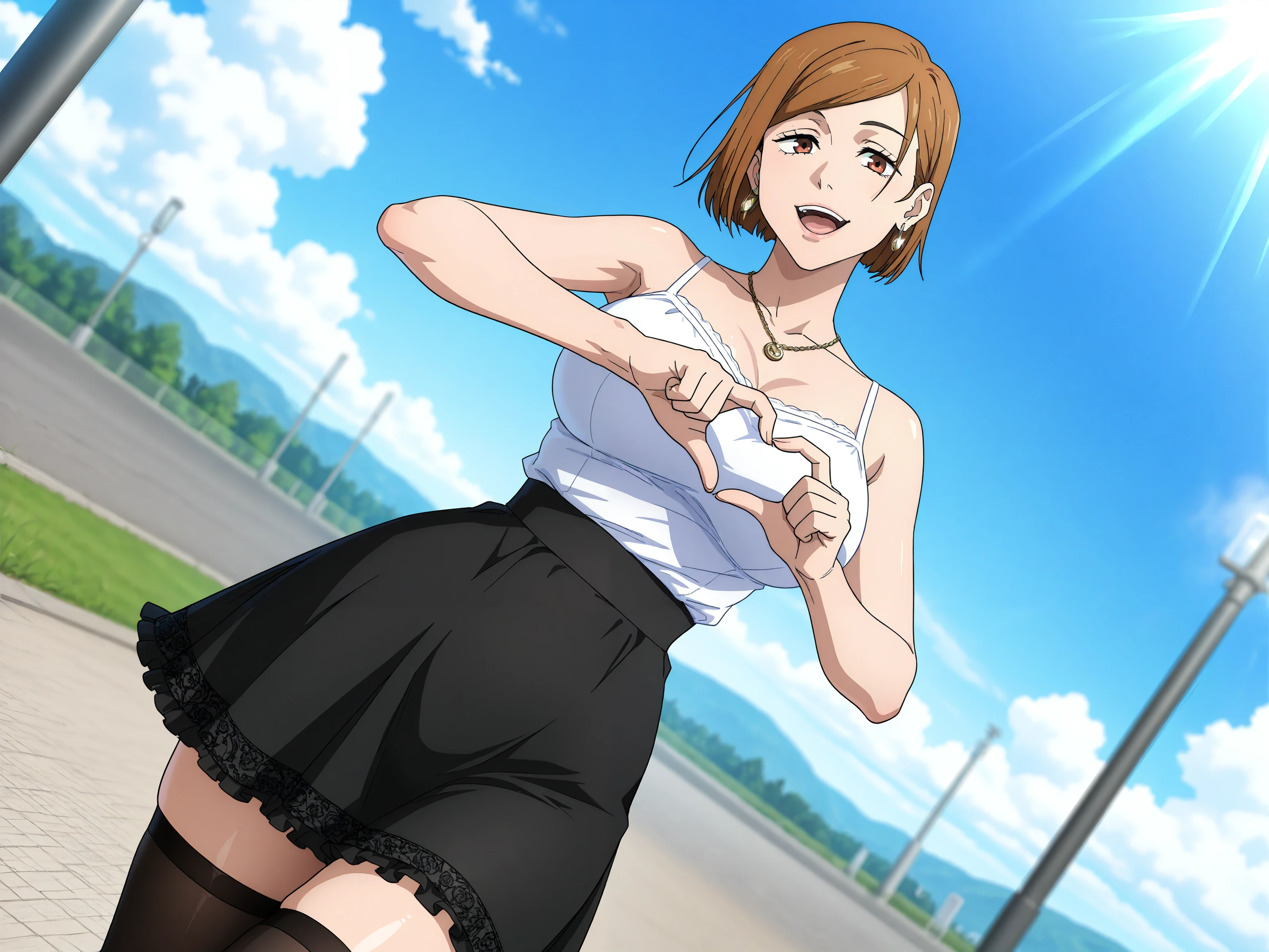 1girl, solo, kugisaki nobara, jujutsu kaisen, general, dutch angle, outdoors, blue sky, cloud, sunlight, smile, (heart hands, four fingers and thumb:1.1), short hair, bob cut, brown hair, (red eyes, shiny lips:1.1), open mouth, large breasts, narrow waist, thick thighs, knees, white camisole, black skirt, frilled skirt, black thighhighs, necklace, earrings