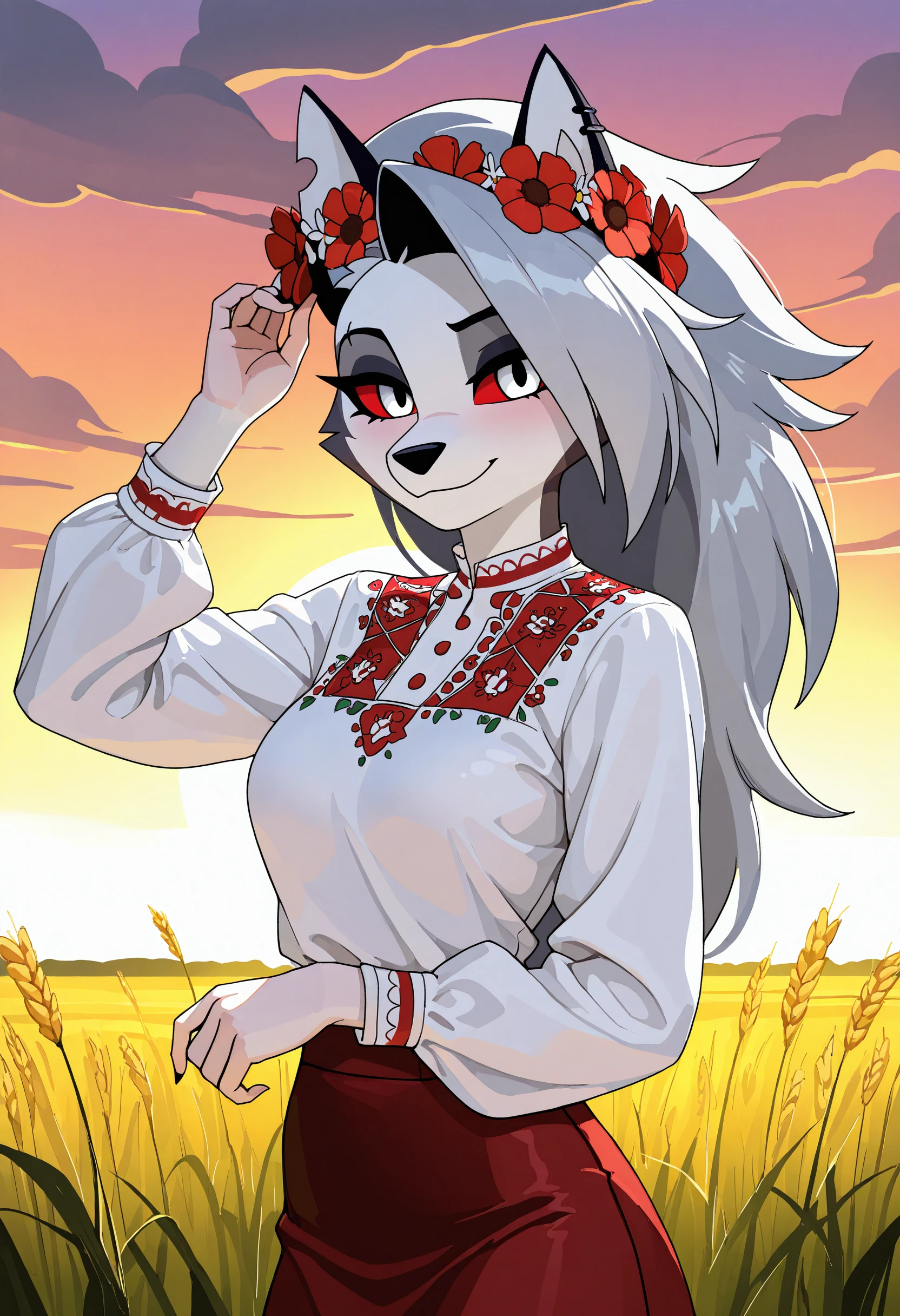 <lora:vyshyvanka_Illustrious_Mlaofmd-10:1.0>, masterpiece, best quality, newest, absurdres, highres, perfect anatomy, 1girl, loona \(helluva_boss\), red sclera, white eyes, flowers on head, head wreath, vyshyvanka, white shirt, long sleeves, red pattern, skirt, looking at viewer, smile, sunset, wheat field, detailed background