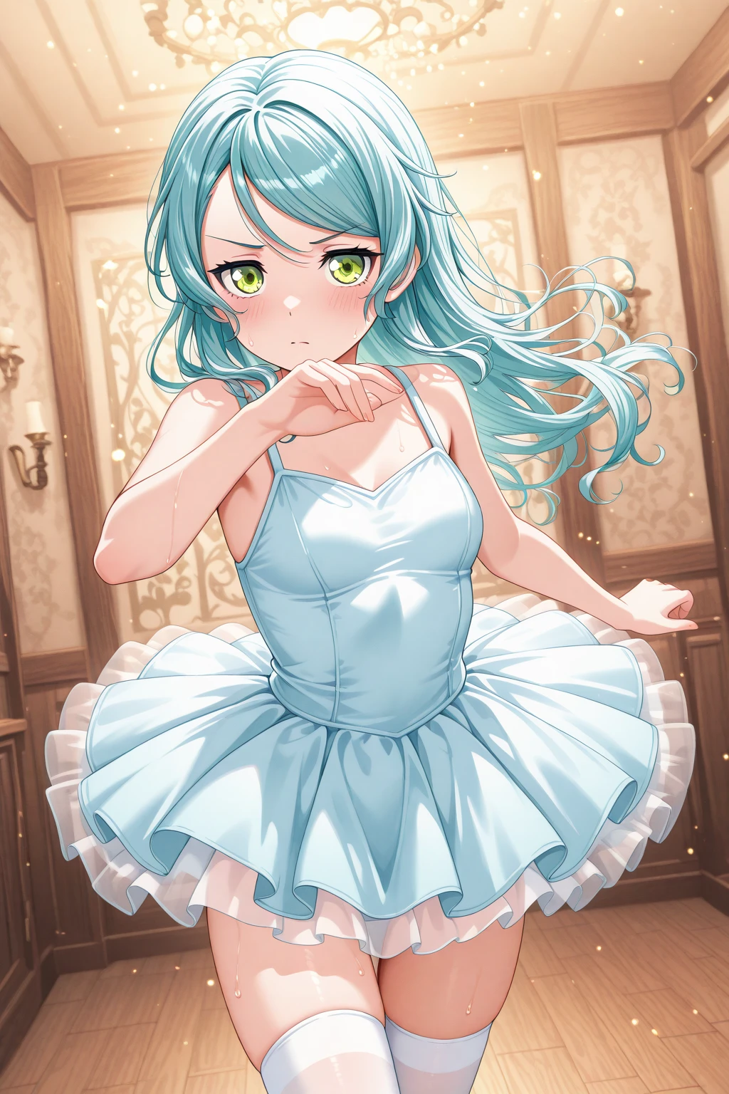 masterpiece, best quality, amazing quality, 1girl, solo, makeup, general, looking at viewer, blush, highres, cowboy shot, indoors, sweat, ballet, practice, serious, ballet posing, dynamic angle, cute decorations, <lora:Hikawa_Sayo_Ban_Dori:1>, Hikawa_Sayo_Ban_Dori, long hair, aqua hair, green eyes, swept bangs, see-through clothes, balletrina, ballerina costume, tutu, white thighhighs, <lora:wai-2Rectified-V140:1>, <lora:illustrious_noobai_epsilon_pred_1_masterpieces_v1:1>
