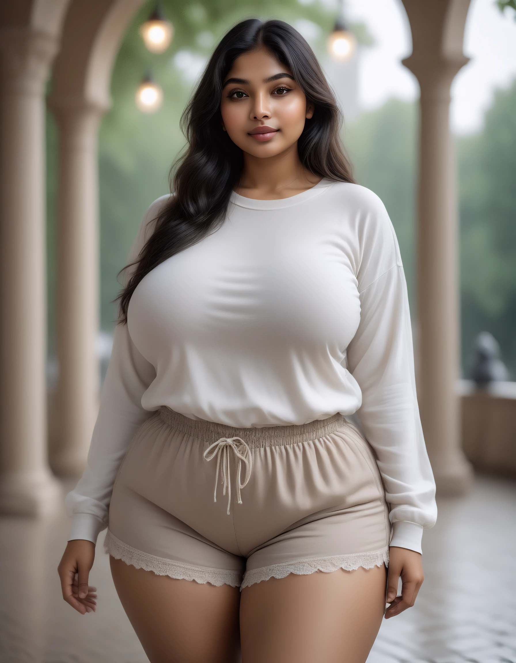 srabanti chatterjee Indian beautiful actress curvy plus size hour glass bulky figure woman, closeup camera view, wearing SHEIN Tween Girls' Knitted Color Block Crop Top With Round Neckline And Knitted Swimsuit Set, different style hairstyle, bright eyes, thin eyebrows, fair skin, blushing cheeks, prefect head to toe view, full body view, Snowy Forest: A winter wonderland with snow-covered trees, paths, and pristine beauty. smile face, black hair, Indian face, perfect skin tone light, ultra realistic skin texture