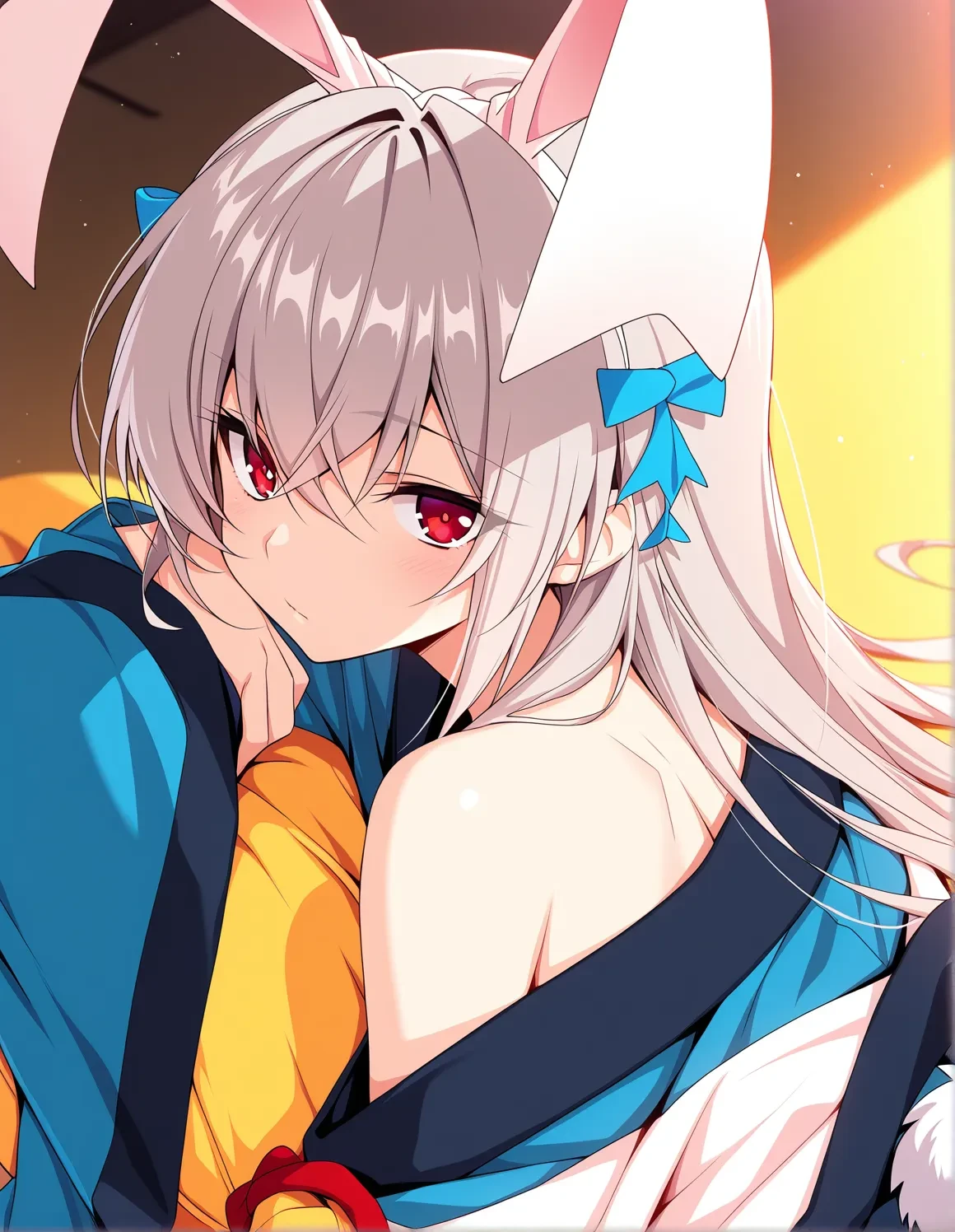 masterpiece,best quality,very aesthetic,highres,<lora:SKussssssan_ilv1:1>,sk544y4,1girl,solo,rabbit ears,bare shoulders,off shoulder,looking at viewer,wide sleeves,grey hair,red eyes,