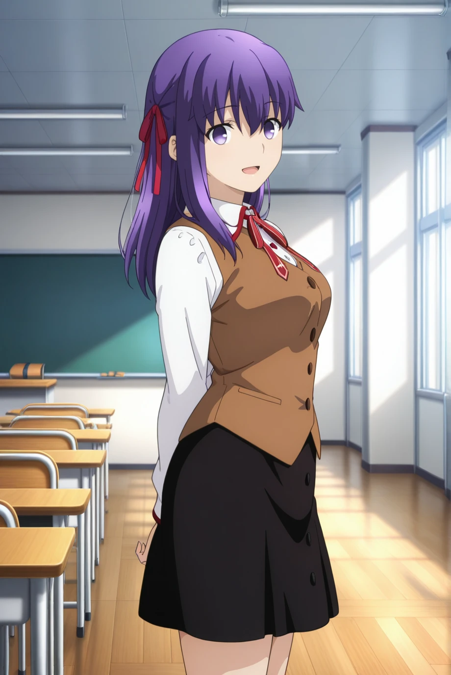 absurdres, masterpiece, best quality, very aesthetic, 1girl, solo,
<lora:SakuraMatou-IL-v1-08:0.9>, ChopioSakuraMatou, long hair, purple hair, hair between eyes, purple eyes, no pupils, red ribbon, hair ribbon, looking at viewer,
anime coloring,
outfit_1, collared shirt, white collar, red neck ribbon, brown vest, long sleeves, buttons, black skirt, medium skirt,
school, classroom, standing, smile, thighs, arms behind back, open mouth, from side,