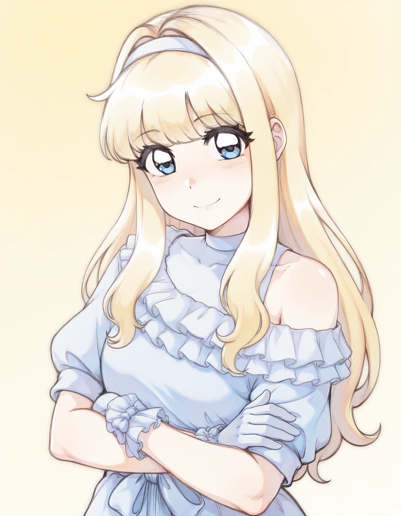 masterpiece, best quality,
mar1k0, long blonde hair, frilly light blue dress, blue eyes, gradient background, crossed arms, looking at viewer, smile, 4 fingers, exposed shoulder
 <lora:mar1k0-vkstickrs_il:0.9>