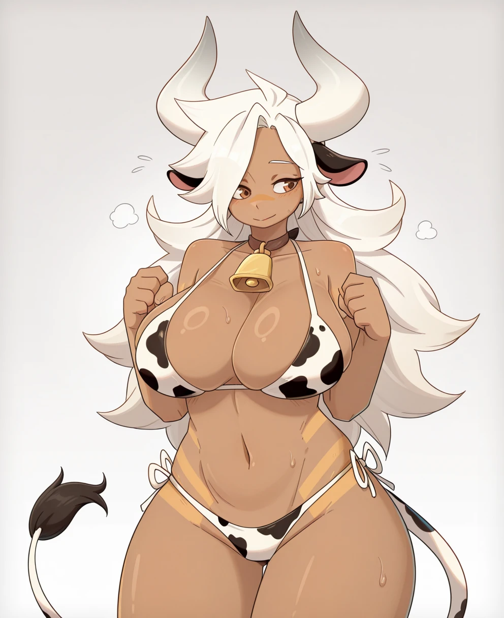 1girl, shining \(arknights\), arknights \\\\\ masterpiece, best quality, newest ///// nyantcha, khyle, \\\\\ thin waist, , , ,horns , outside border, ,thighhighs, grey eyes,,  , big tits, skindentation ,serious, cow bikini, cowbell, straight-on, cow print, , , wariza, otaku room, on bed, pointy ears,solo, ,squishy breasts, :/,spoken ellipsis
