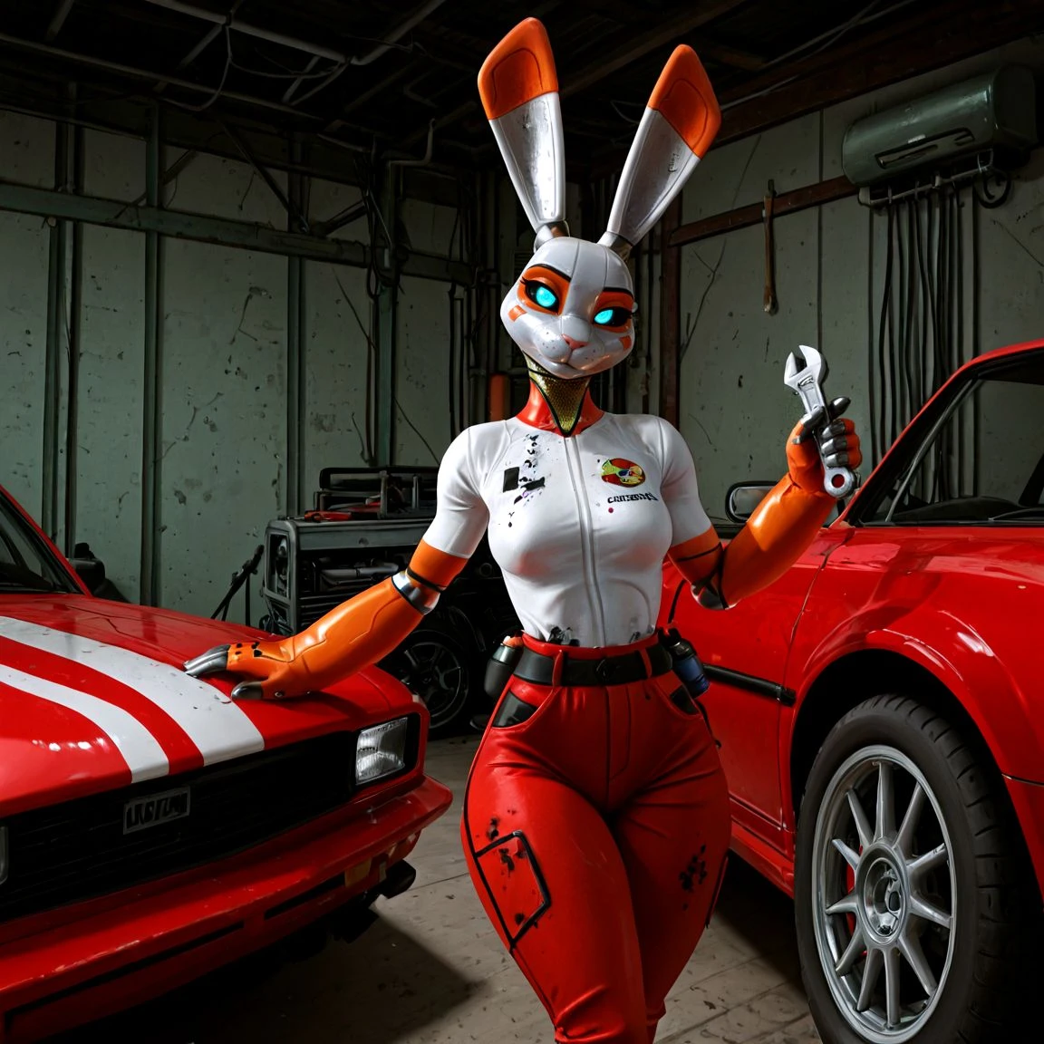<lora:Gimbal:0.8> gimbal, furry female, animal ears, robot, robot joints, rabbit girl, black sclera, glowing eyes, blue eyes, white tshirt, trousers , grease stains, grease, holding wrench, , garage, car, head tilt, looking at viewer, engine, repairing,
BREAK
, detailed background,, highres, hi res, colored, high quality,