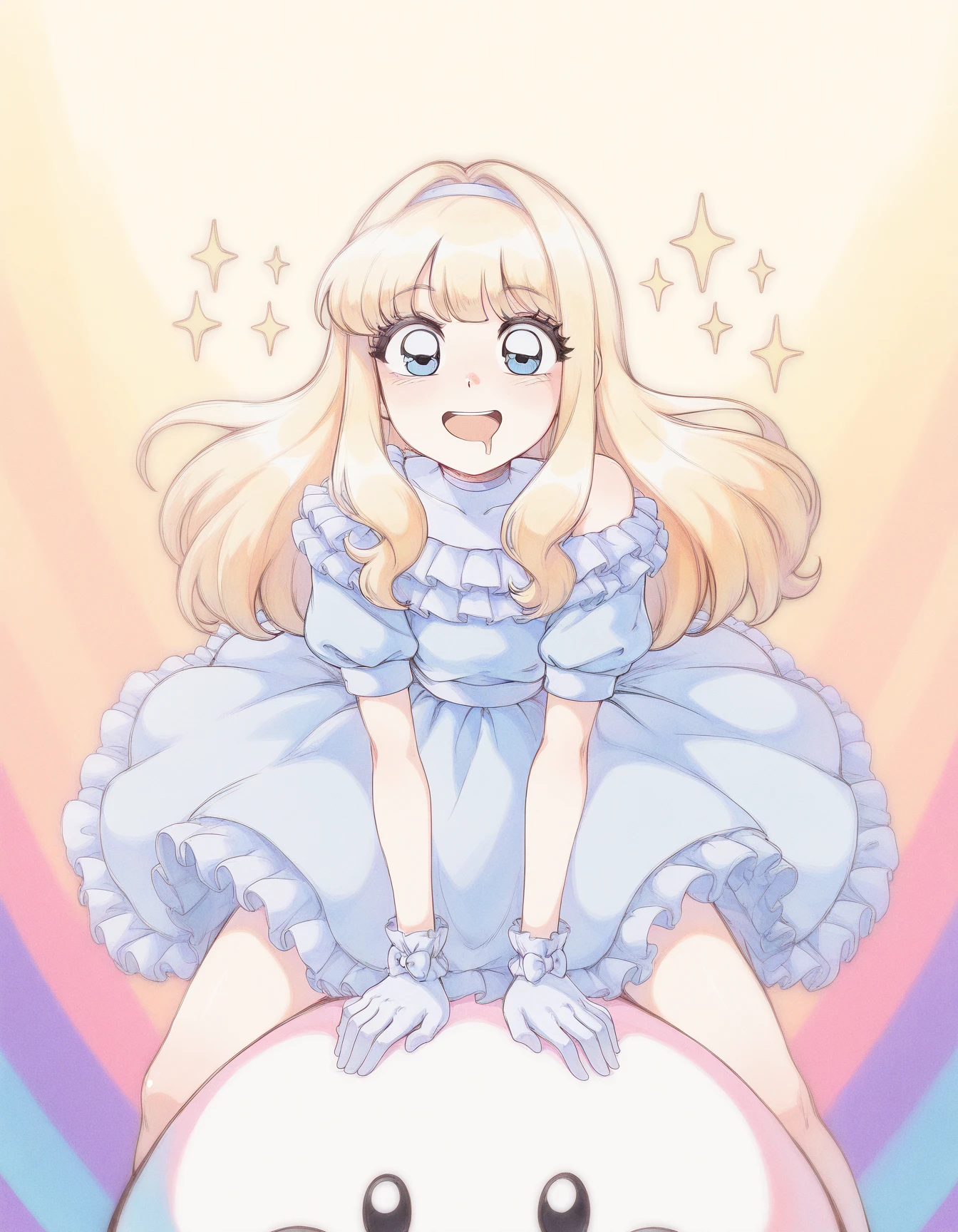 masterpiece, best quality,
mar1k0, long blonde hair, frilly light blue dress, exposed shoulder, white gloves, blue eyes,
1girl, kawaii, cute, adorable, riding on a cloud, rainbow_ride, rainbow trail, magical, fun, colorful galaxy, [psychedelic], sparkles, [fractal geometrics], spaced out, drooling, open mouth smile, wide-eyed, pastel colors, pink theme, 80's theme, city pop, colorful, thick outline, vector graphics, abstract background
 <lora:mar1k0-vkstickrs_il:0.9>