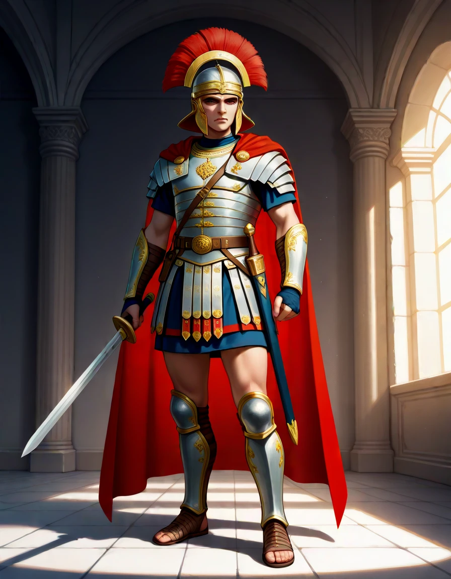 masterpiece, best_quality, very_aesthetic, highres, absurdres, ultra detailed,
<lora:negXL:0.5> <lora:RomanLegionary_IL:0.9>
romanlegionary, armor, weapon, holding, holding weapon, sheath, breastplate, cape, chainmail
holding sword,
1boy,
full body,
holding weapon,
simple background,
Pastel
, indoors, ,
,pastel colors, ,
Three-quarter shot,