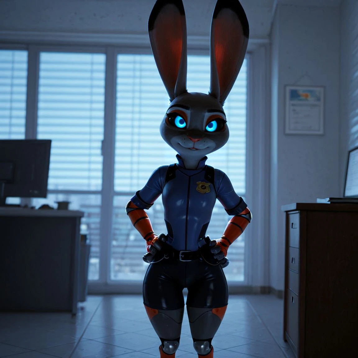 <lora:Gimbal:0.8> [ (gimbal:0.7) | (judy hopps:1.5) ], furry female, animal ears, robot, robot joints, rabbit girl, black sclera, glowing eyes, blue eyes,shorts , short stack, solo, portrait, semi-anthro, hands on own hips, zootopia, Cheerful
BREAK
, detailed background, dynamic, office, highres, hi res, colored, high quality,