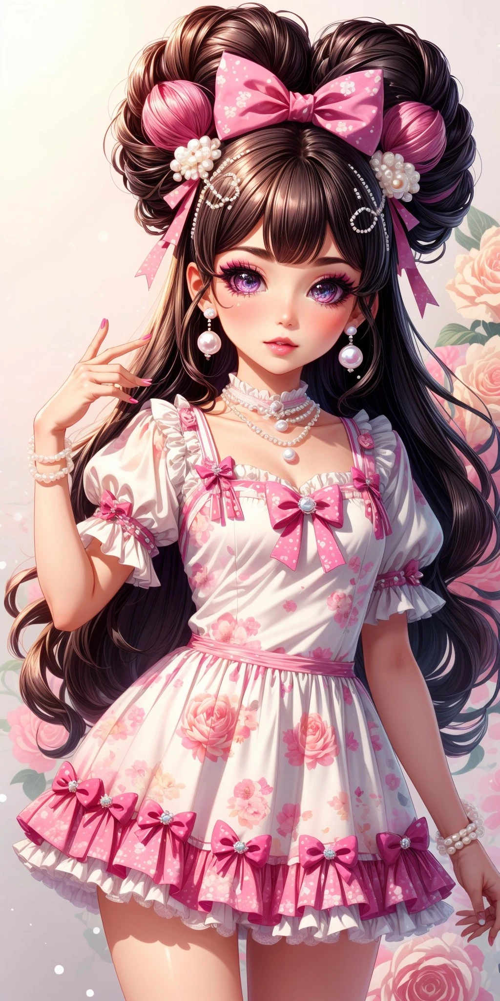 (halfbody) 1girl, big sparkling eyes, blush, full face blushing, hime gyaru, big hair, curly hair, large curls, makeup, lipstick, print clothing, floral print, plaid print, ((hot pink floral print pearl beaded short dress : 1.2)), puffy short sleeves, miniskirt, bow miniskirt, ruffles, frills, lace, lace trim, bows, hair ornaments, hair ribbons, ribbon headband, (princess tiara), pearl, pearl hair ornament, light cute jewelry, necklace, pink theme, white theme, <lora:more_details:0.7>, <lora:scene_:0.5>, <lora:FashionComplexityEnhancerLORAv1:0.4>, <lora:b0f12bd0-2b72-441b-994e-54c9fc47df3f:0.6>, <lora:96073874-f082-4683-942e-601cecac5c40:0.3>, <lora:f7d08feb-f21d-42d0-9ef1-a9481867524d:0.3>, <lora:5844635f-c9c3-4f9e-85c4-d0d40f201159:0.3>, <lora:betterLight_v10:0.3>, ,