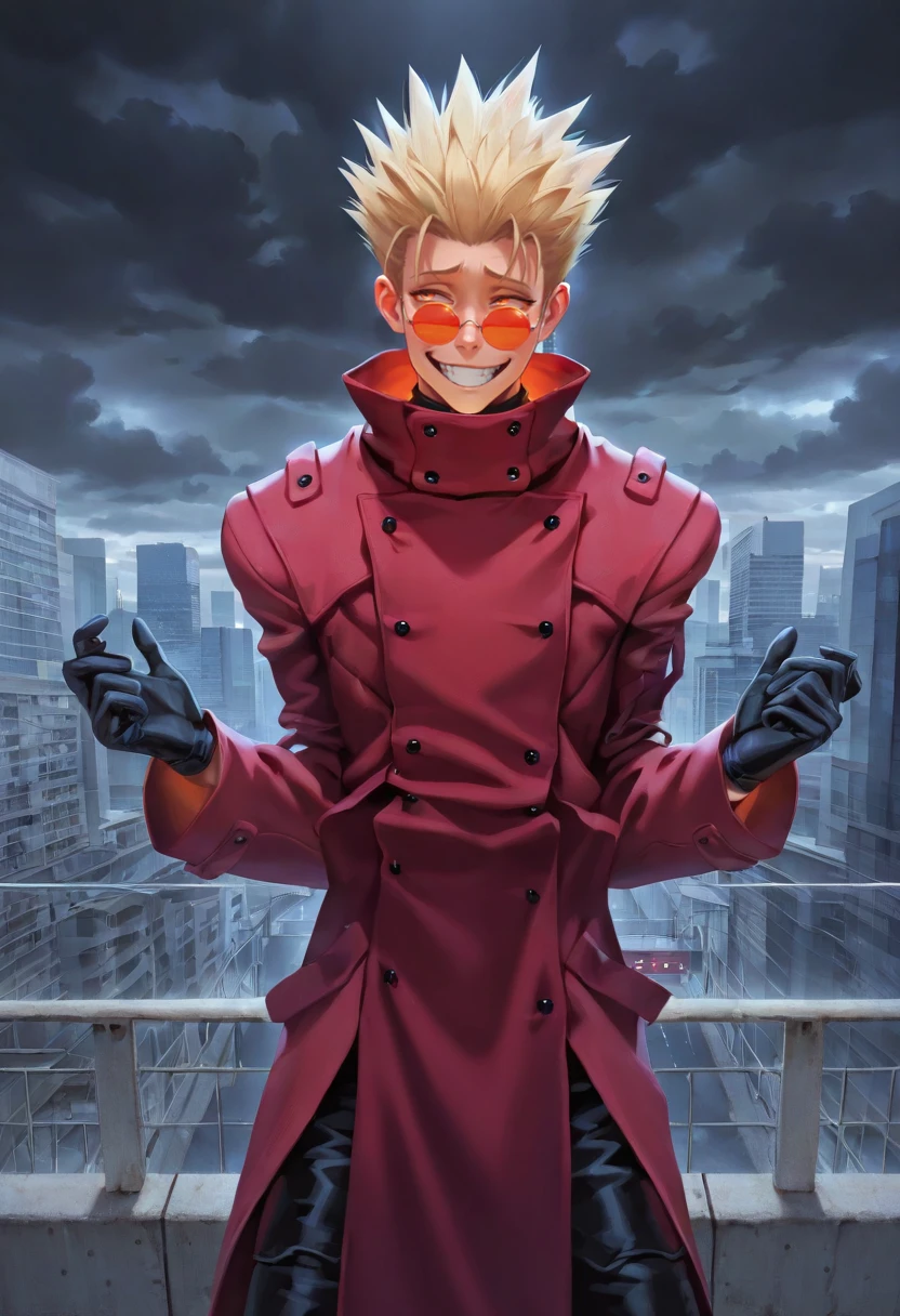 , masterpiece,best quality,amazing quality, <lora:Vash_the_Stampede:1> 1boy, solo, VshV1, black gloves, orange tinted eyewear, red coat,
, canvas_(object), pinching_sleeves, averting_eyes, laughing, crazy_grin, skyscraper ,pedestrian_bridge,, dark_clouds,
