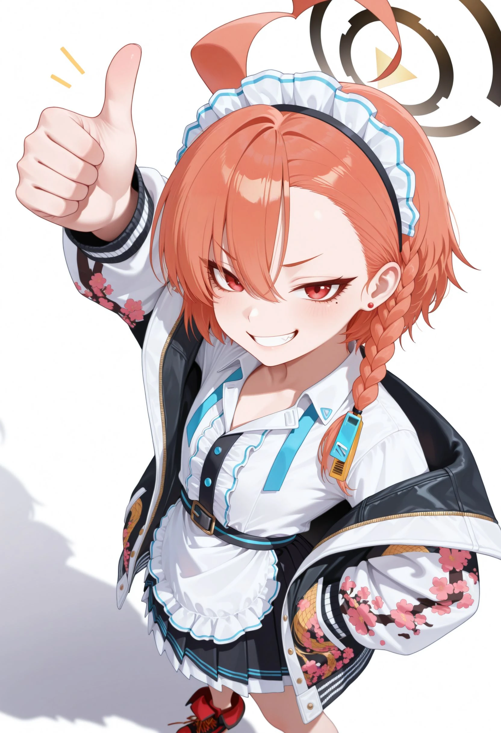 masterpiece, best quality, amazing quality, very awa,absurdres,newest,very aesthetic, standing, looking at viewer, (thumbs up),arm up, reaching hand, smile,close-up, ((white background)), front view, from side, smug,, looking at viewer, v sign
<lora:Neru illu:1> 1girl, halo, mole under eye, red eyes, orange hair, single braid, ahoge, short hair, huge ahoge, asymmetrical bangs, maid headdress, jacket, sukajan, long sleeves, floral print, off shoulder, open jacket, collared shirt, center frills, belt, white apron, black skirt, pleated skirt, red footwear, chains