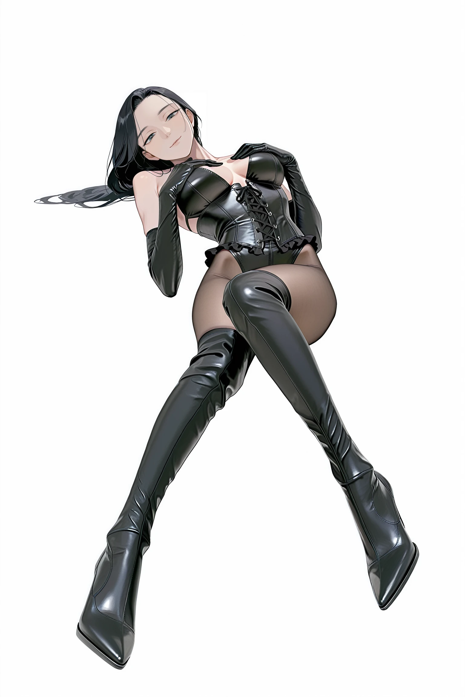 tonarino826,simple background,white background,dutch angle,foot focus,full body,
1girl,solo,mature female,slender female,skinny,narrow waist,seductive,sexy,black hair,
leotard,pantyhose,pantyhose under boots,clothing cutout,see-though,
zaracbb,thigh boots,black footwear,shiny footwear,latex boots,
looking at viewer,light smile,bare shoulders,elbow gloves,patent leather gloves,frilled corset,cross-laced corset,corset,hands on own breasts,on back,
masterpiece,best quality,amazing quality,very aesthetic,<lora:Tonarino826_ILL:1>,<lora:ZaraCBBILL:1>,