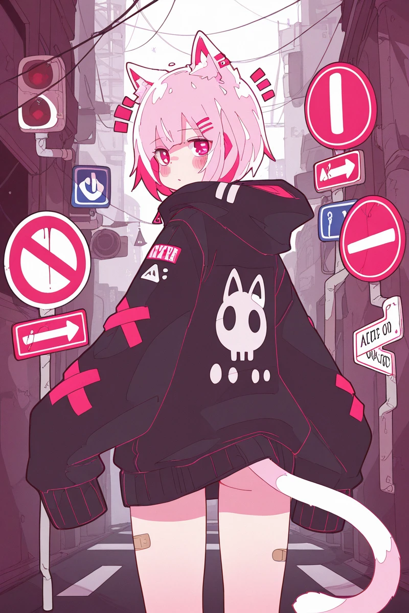 masterpiece, best quality, amazing quality,
<lora:Haru579_IL:1> harust, 1girl, sign, animal ears, tail, bandaid, cat ears, cat tail, solo, multicolored hair, road sign, hair ornament, sleeves past fingers, hairclip, jacket, looking at viewer, sleeves past wrists, cat girl, hood, from behind, bandaid on leg, short hair, animal ear fluff, looking back, black jacket, long sleeves