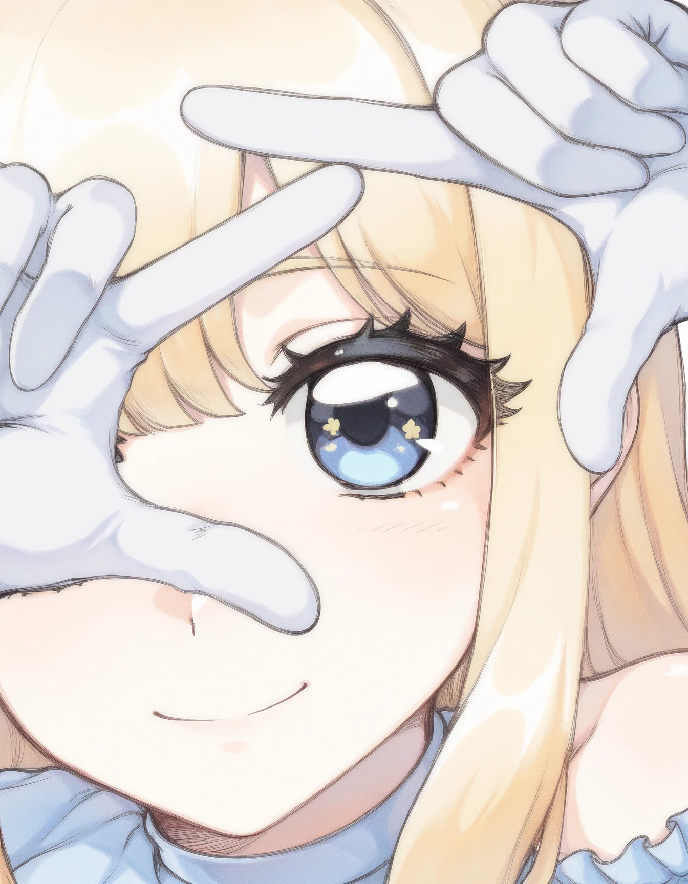 masterpiece, best quality,
mar1k0, long blonde hair, frilly light blue dress, exposed shoulder, white gloves, blue dress, 4 fingers
portrait,close-up,chromatic aberration,symbol in eye,eye focus,finger frame, smile
<lora:mar1k0-vkstickrs_il:0.9>