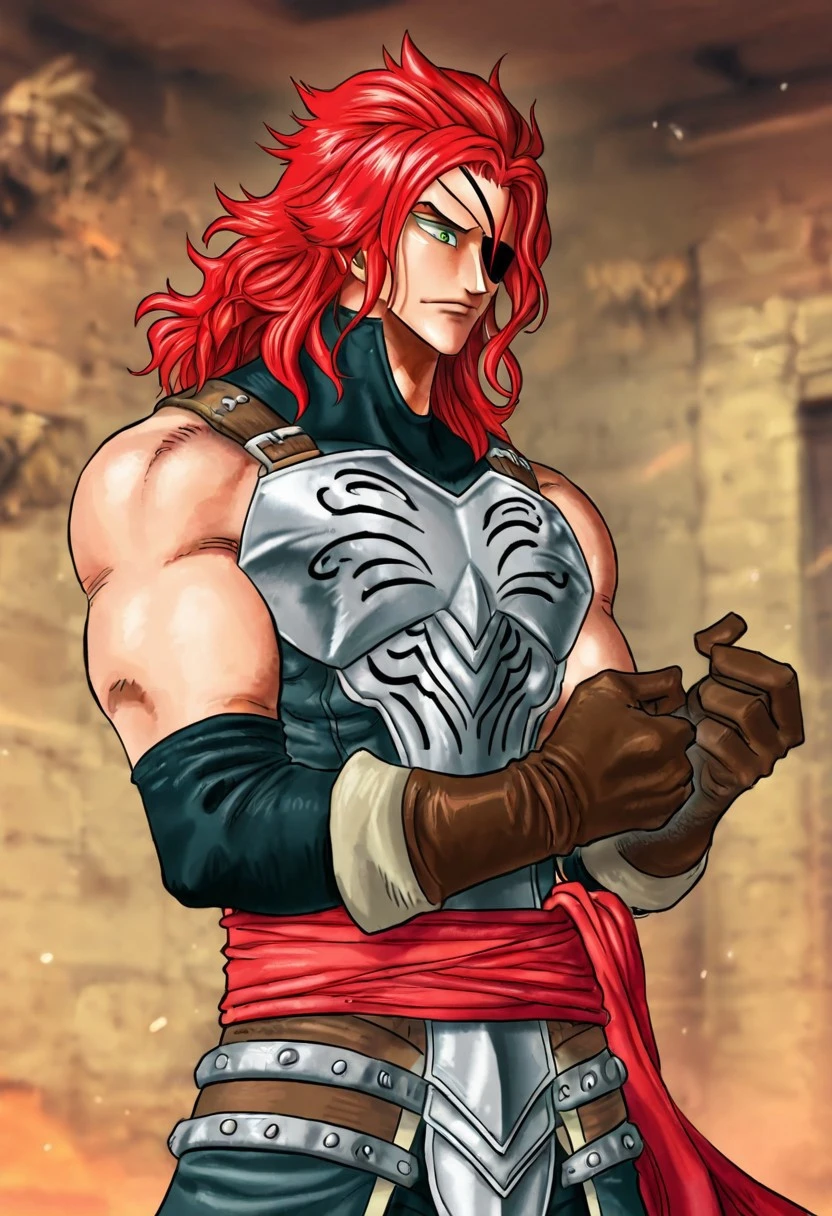 (masterpiece:1.2, best quality:1.2, extremely delicate:1.2), ((male:1.5)), a man with disheveled long orange and red hair, (no eyebrows:1.2), deep-set eyes, (a long scar on the right side of his face:1.2), rough features, (a full beard:1.2), a dissatisfied expression, a tall and muscular build, a post-apocalyptic fantasy-style wilderness coat with no sleeves, fur around his shoulders and neck, a half-damaged monster skull hanging in the middle of his chest, has spiked shoulder guards, revealing his muscular abs, stands in a post-apocalyptic fantasy-style desolate town, this character embodies a finely crafted post-apocalyptic fantasy-style overlord in anime style, exquisite and mature manga art style, dramatic, high definition, highres, ultra-detailed, ultra-fine painting, professional, perfect body proportions, golden ratio, anatomically correct, symmetrical face, extremely detailed eyes and face, high quality eyes, creativity, RAW photo, UHD, 32k, Natural light, cinematic lighting, masterpiece-anatomy-perfect