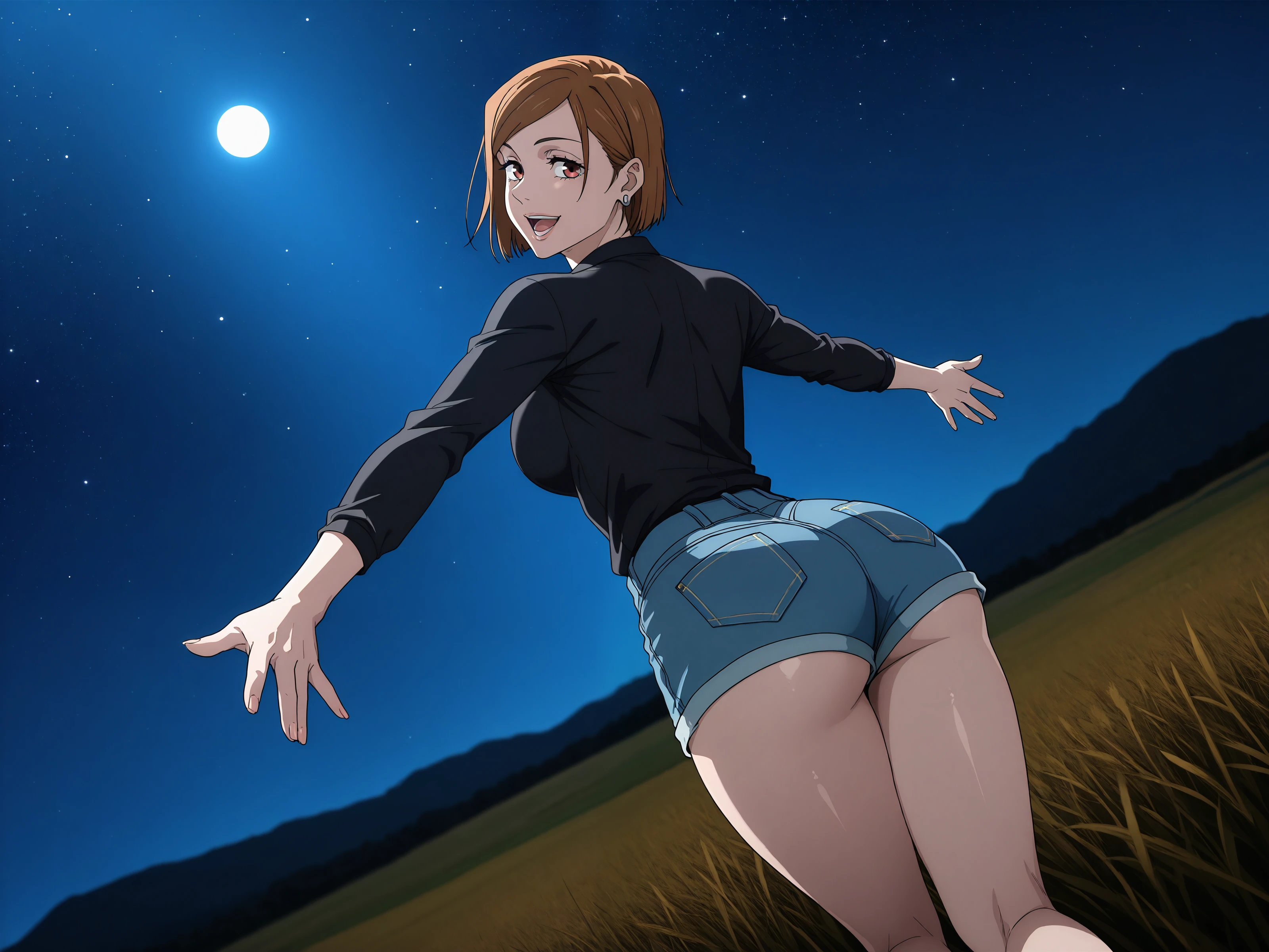 1girl, solo, kugisaki nobara, jujutsu kaisen, general, dutch angle, (dark:1.4), (outdoors, field, night sky, star \(sky\), starry sky, moonlight:1.2), smile, (outstretched arms, four fingers and thumb, from behind, looking back:1.1), short hair, bob cut, brown hair, (red eyes, shiny lips:1.1), open mouth, large breasts, narrow waist, thick thighs, knees, dress shirt, black shirt, denim shorts, earrings