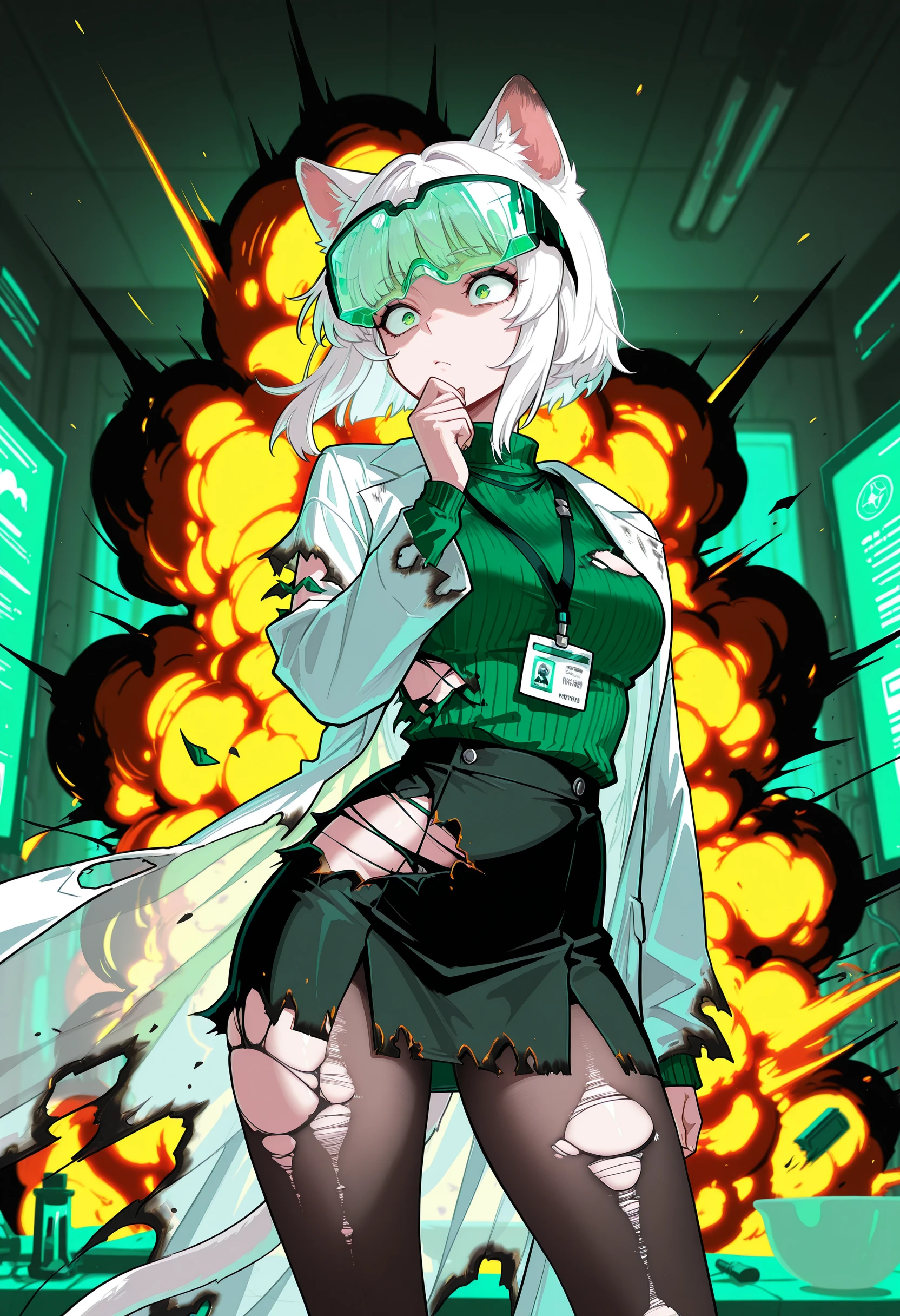 masterpiece,best quality,amazing quality, 1girl, cat girl, bowl cut,medium hair, white hair,short hair, tail,medium breasts, green eyes,thinking, constricted pupils, torn clothes, torn sweater, torn, explosion, wind, torn lab coat, long sidelocks, contrapposto,laboratory, lab coat, id card, skirt, pantyhose, green turtleneck sweater, (see-through safety glasses:1.1), burnt clothes
<lora:Torn Burnt Clothes (Illustrious) v1:1>