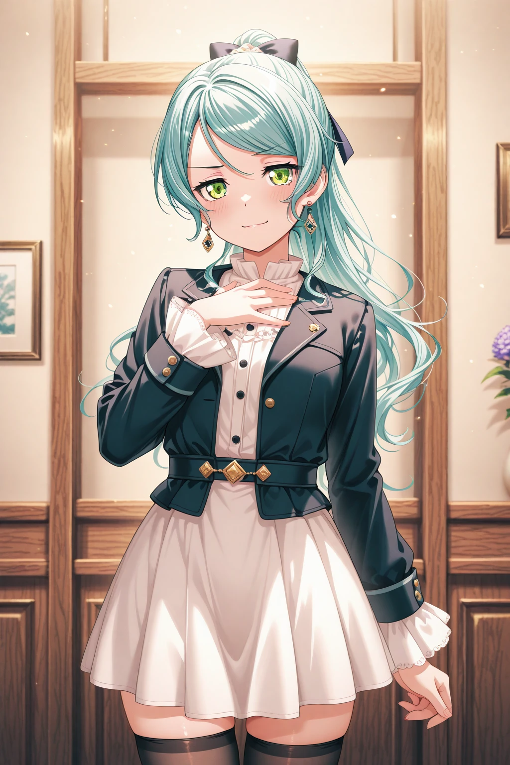 masterpiece, best quality, amazing quality, 1girl, solo, makeup, general, looking at viewer, blush, highres, cowboy shot, indoors, smile, confident, hand on own chest, smirk, cool, <lora:Hikawa_Sayo_Ban_Dori:1>, Hikawa_Sayo_Ban_Dori, long hair, aqua hair, green eyes, swept bangs, ponytail, hair ribbon, black jacket, white shirt, thighhighs, bow, ribbon, jewelry, flower, earrings, frilled sleeves, <lora:wai-2Rectified-V140:1>, <lora:illustrious_noobai_epsilon_pred_1_masterpieces_v1:1>