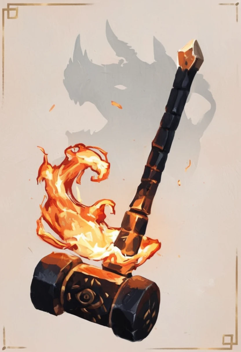 masterpiece, best quality, dnd item, hammer, fire, obsidian