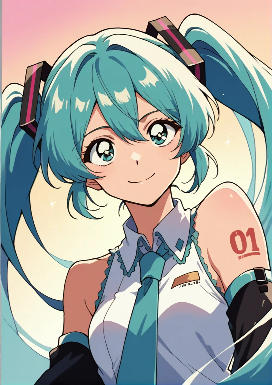 masterpiece, best quality, high quality, retro style,1girl,solo,upper body,(portrait:1.5),looking at viewer,facing viewer,dutch angle, smile, hatsune miku,absurdly long hair,aqua hair,twintails,hair ornament,sidelocks,hair between eyes,parted bangs,aqua eyes,white shirt,collared shirt,bare shoulders,sleeveless shirt,aqua necktie,detached sleeves,black sleeves,shoulder tattoo,fringe,black thighhighs,miniskirt,pleated skirt,zettai ryouiki,thigh boots,  <lora:Hatsune Miku(voc)-Illus-Remake:1> <lora:SakuraSakuma1982Style:1>