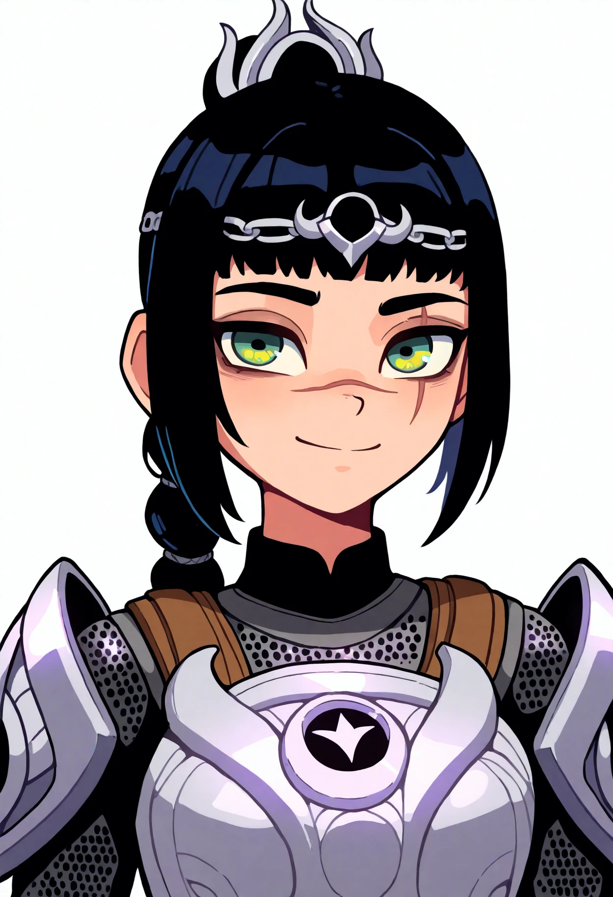 best quality, amazing quality, very aesthetic, absurdres,
1girl, shadowheart, black hair, braided ponytail, green eyes, scar on face, circlet, armor,
solo,
smile, looking at viewer, upper body, simple background, white background <lora:ShadowHeartIllustrious_byKonan:0.8> , <lora:GaziterNoob_byKonan:1>