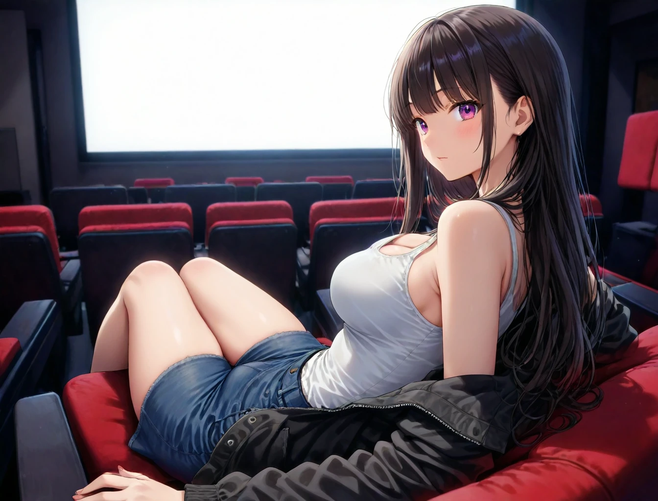 <lora:movie_theater_XL_illustrious-noob_v1:1> movie theater,1girl, looking back, on chair, movie screen,, best quality, masterpiece, high quality,  highres, absurdres ,<lora:NoobV065sHyperDmd:1>