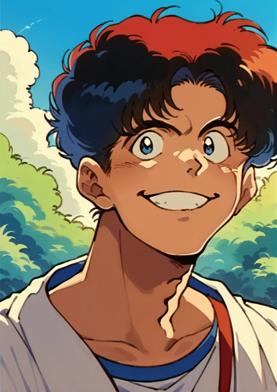 score_9, score_8up, score_7up, score_6up, source_anime, masterpiece, best quality, high quality, retro style, 1boy, rating_safe, solo, male focus, upper body, looking at viewer,  smile, outdoors,  <lora:SakuraSakuma1982StylePony:1>