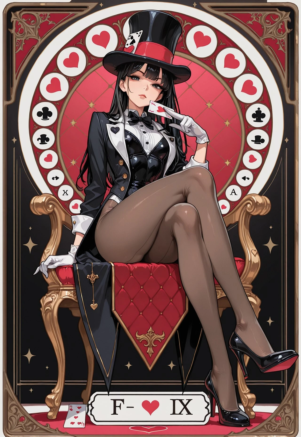 masterpiece, best quality, F4UX-T4R0T Style, 1girl, pantyhose, hat, solo, card, top hat, black hair, high heels, gloves, crossed legs, sitting, playing card, white gloves, heart, long hair, looking at viewer, holding, holding card, art nouveau, belle epoque, tarot card