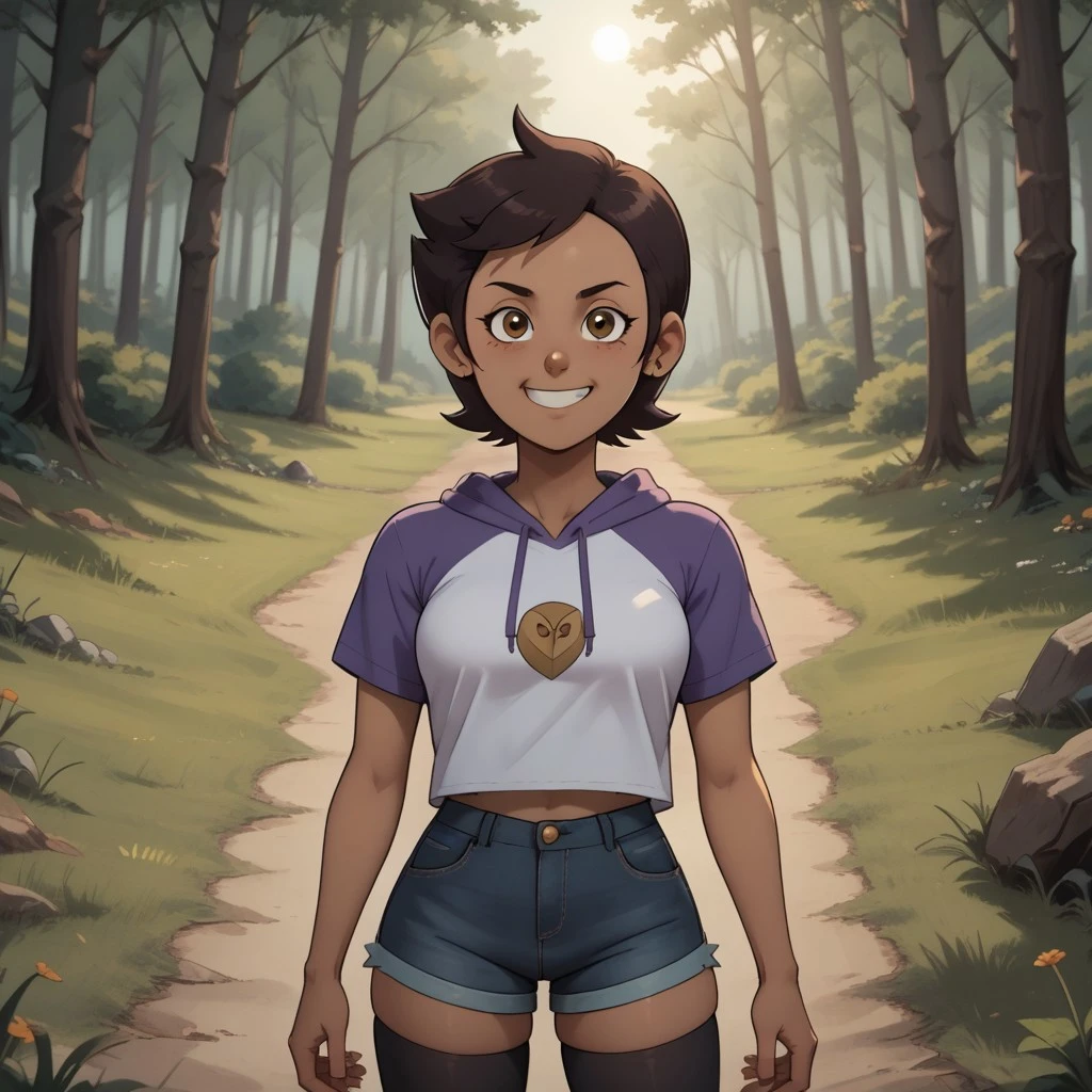 score_9, score_8, BREAK, solo, Luz_Noceda_(The_Owl_House), brown hair, short hair, brown eyes, dark skin, dark skin female, hoodie, hood down, short sleeves, purple shirt, white shirt, denim shorts, black leggings, leggings under shorts, self portrait, smile, looking at viewer, outdoors, sunlight, shadows, evening lighting, natural lighting, forest, trees, grass, orange sky, sunset