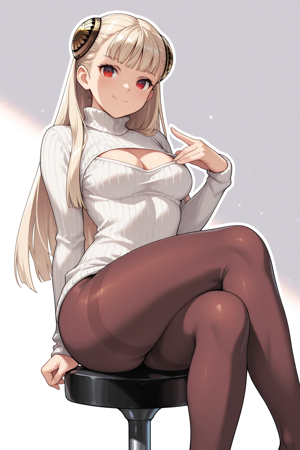 ingrid \(capcom\), 1girl, blonde hair, breasts, brown pantyhose, cleavage, crossed legs, hairpods, long hair, medium breasts, meme attire, open-chest sweater, pantyhose, red eyes, smile, solo, stool, sweater, thighband pantyhose, masterpiece, best quality