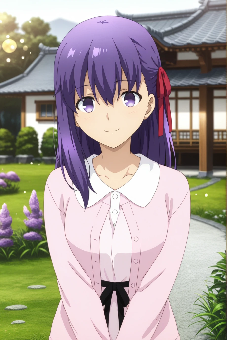 absurdres, masterpiece, best quality, very aesthetic, 1girl, solo,
<lora:SakuraMatou-IL-v1-08:0.9>, ChopioSakuraMatou, long hair, purple hair, hair between eyes, purple eyes, no pupils, red ribbon, hair ribbon, looking at viewer,
anime coloring,
outfit_2, collared dress, pink cardigan, partially unbuttoned, long sleeves, white dress, black waist ribbon,
outdoors, house, standing, grass, garden, east asian architecture, upper body, smile, v arms, bokeh, blurry background, depth of field,