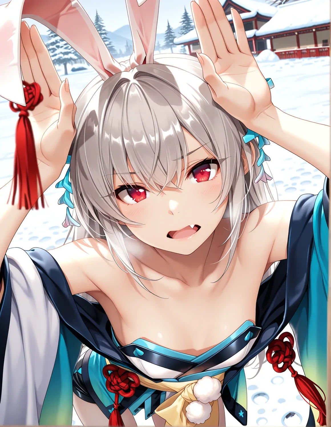 masterpiece,best quality,very aesthetic,highres,<lora:SKussssssan_ilv1:1>,sk544y4,1girl,solo,rabbit ears,bare shoulders,looking at viewer,wide sleeves,grey hair,red eyes,fang,solo focus,short kimono,rabbit pose,close-up,snow,