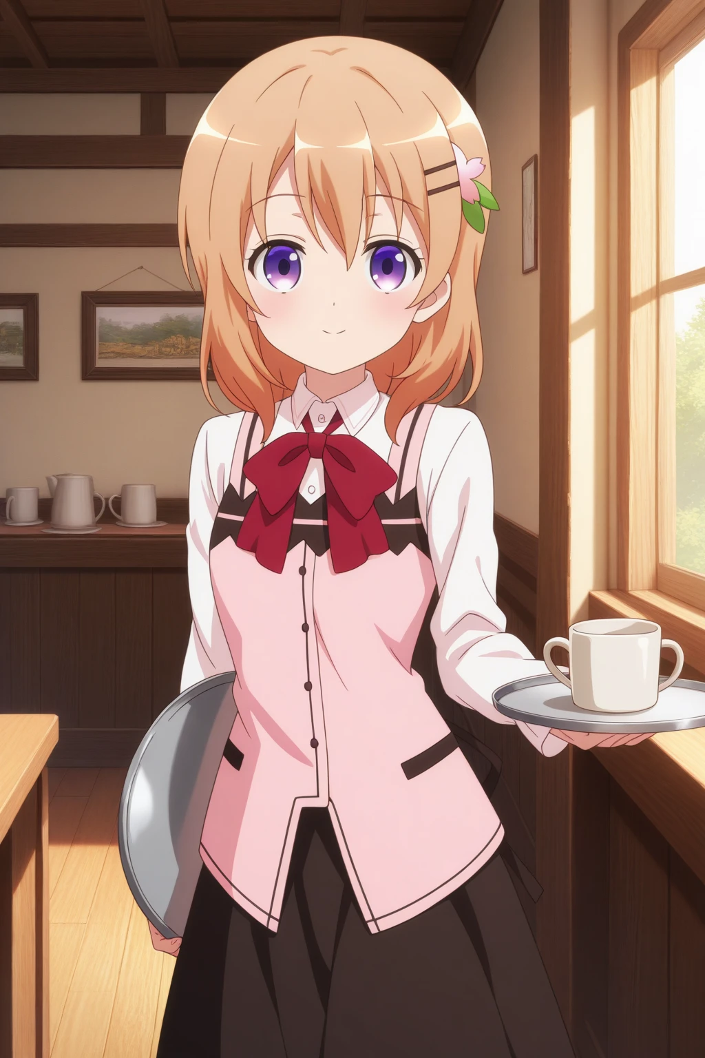 very awa, (vivid colors), detailed eyes, shining eyes, masterpiece, best quality, ultra-detailed, (8k), (hdr), (ultra-detailed), absurdres, looking at viewer, solo, 1girl, girl, indoors, cafe, day, smile, aacocoa, purple eyes, orange hair, hairclip, cocoawork, red bowtie, white dress shirt, pink vest, black skirt, long skirt, ((standing, holding tray, coffe mug, cowboy shot))