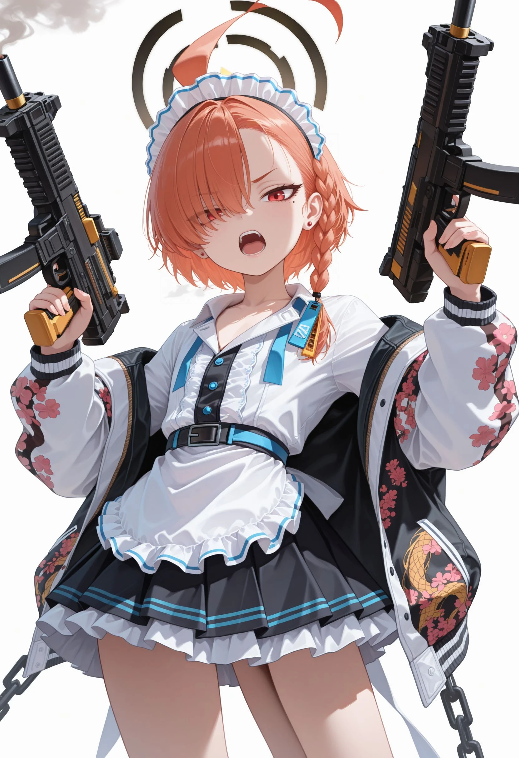 masterpiece, best quality, amazing quality, very awa, looking at viewer,
,<lora:Neru illu:1>1girl, jacket, submachine gun, holding weapon, chain, halo, red eyes, maid headdress, dual wielding, black skirt, ahoge, holding gun, orange hair, braid, open mouth, white apron, white background, sukajan, sig sauer, hair over one eye, mole under eye, simple background, long sleeves, smoke, short hair, white shirt, frills, pleated skirt