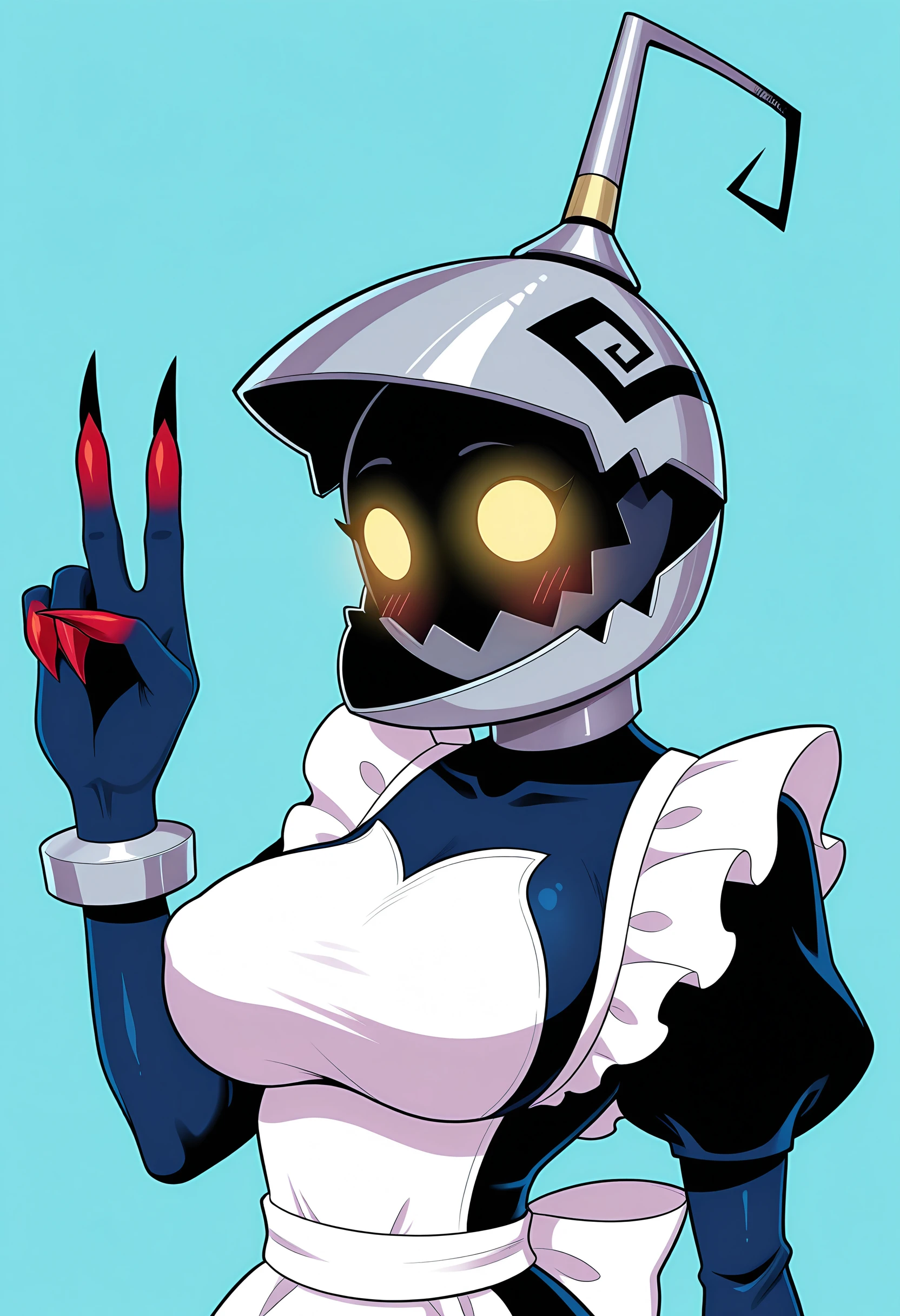 masterpiece, best quality, amazing quality, very aesthetic, absurdres, newest,  <lora:HeartlessSoldierILf:1> h4silf, faceless, yellow eyes, glowing eyes, helmet, upper body, claws, wearing maid dress, breasts, v, blush, 
simple background, light blue background,