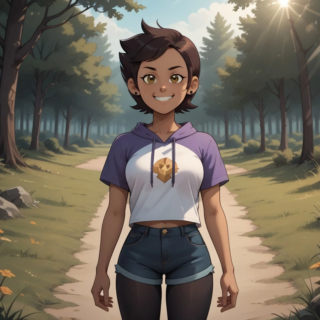score_9, score_8, BREAK, solo, Luz_Noceda_(The_Owl_House), brown hair, short hair, brown eyes, dark skin, dark skin female, hoodie, hood down, short sleeves, purple shirt, white shirt, denim shorts, black leggings, leggings under shorts, self portrait, smile, looking at viewer, outdoors, sunlight, shadows, evening lighting, natural lighting, forest, trees, grass, orange sky, sunset
