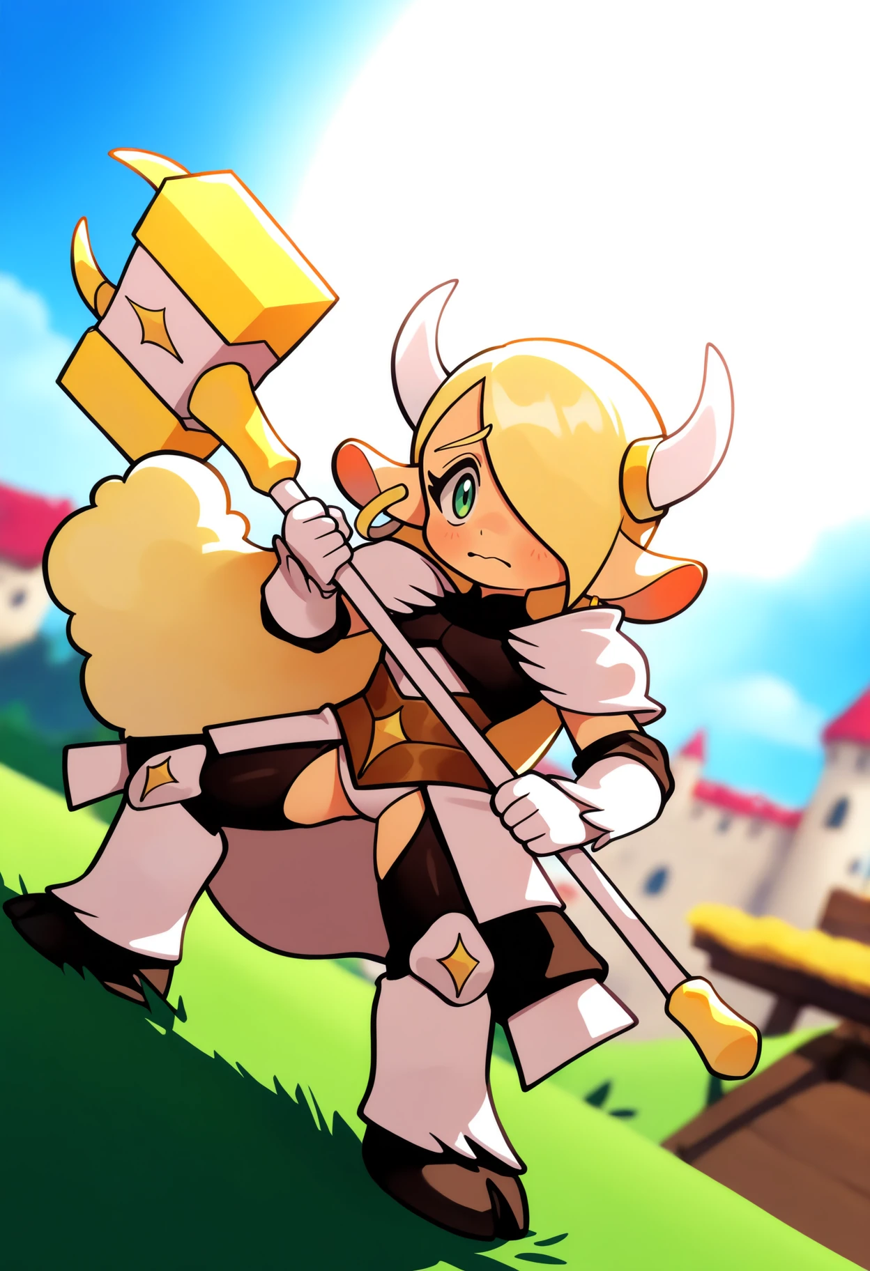best quality, amazing quality, very aesthetic, absurdres,
outdoors, fantasy, castle, BREAK
1boy, mooladin, blonde hair, long hair, green eyes,hair over one eye,
cow girl, cow horns, earrings,
armor, white gloves, faulds, shoulder armor, (hooves:1.3),
holding war hammer, looking at viewer, fighting stance, nervous, dutch angle, <lora:MooladinNoobXL_byKonan:1>