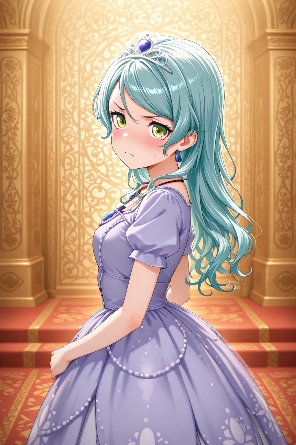 masterpiece, best quality, amazing quality, 1girl, solo, makeup, general, looking at viewer, blush, highres, cowboy shot, indoors, sweat, high school girl, forced, forced acting, dressed up as a princess role, embarrassed, angry, frown, acting as a princess role, cute decorations, school stage, stage lights, (from side), dynamic angle, <lora:Hikawa_Sayo_Ban_Dori:1>, Hikawa_Sayo_Ban_Dori, long hair, aqua hair, green eyes, swept bangs, <lora:Princess_Sofia_The_First_Dress_Cos:1.1>, Princess_Sofia_The_First_Dress_Cos, floral print, purple dress, long dress, jewelry, necklace, puffy short sleeves, princess, gown, tiara, frills, brooch, blue gemstone, bow, <lora:wai-2Rectified-V140:1>, <lora:illustrious_noobai_epsilon_pred_1_masterpieces_v1:1>