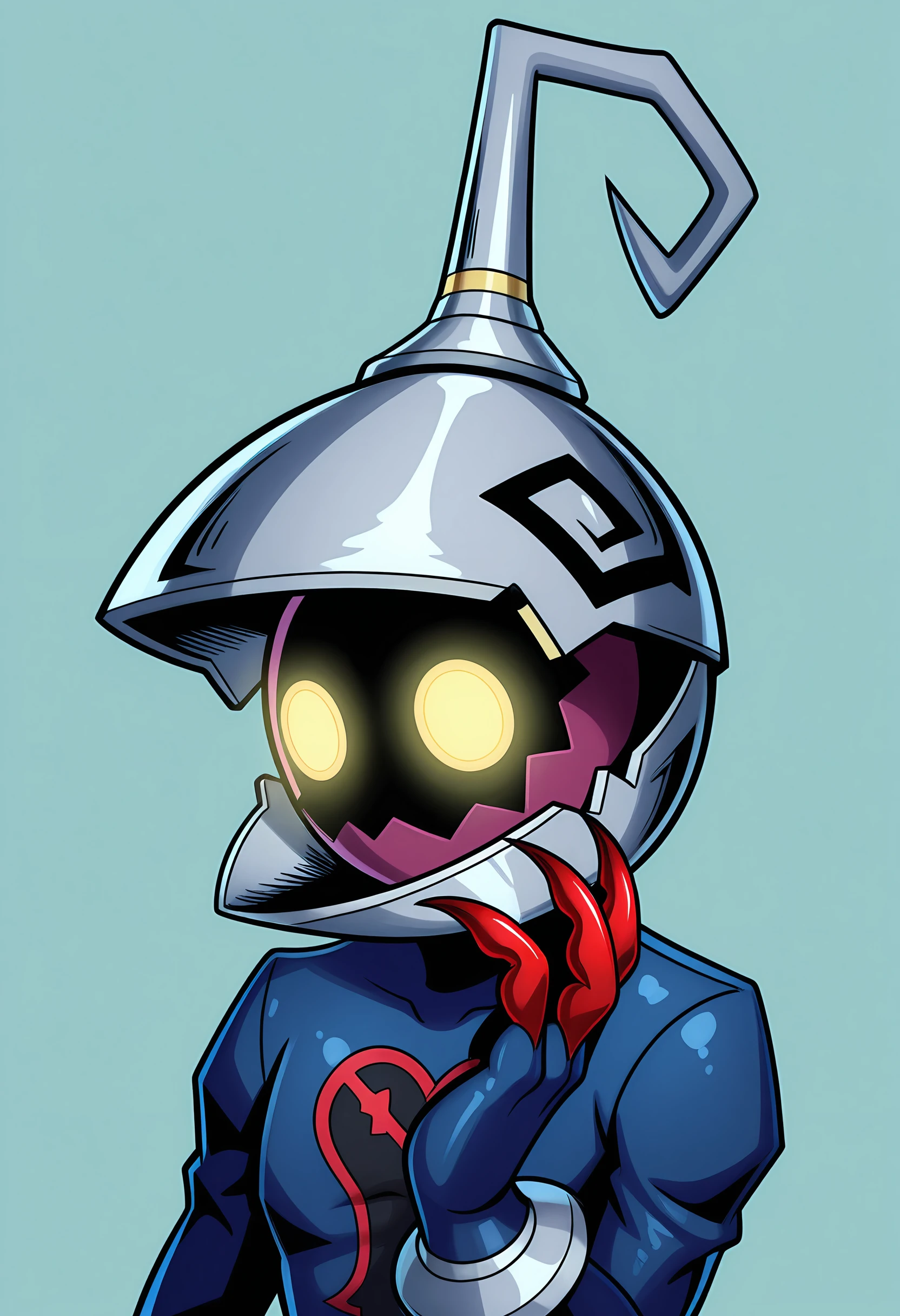 masterpiece, best quality, amazing quality, very aesthetic, absurdres, newest,  <lora:HeartlessSoldierILf:1> h4silf, faceless, yellow eyes, glowing eyes, helmet, upper body, claws, hand up, 
simple background, light blue background,