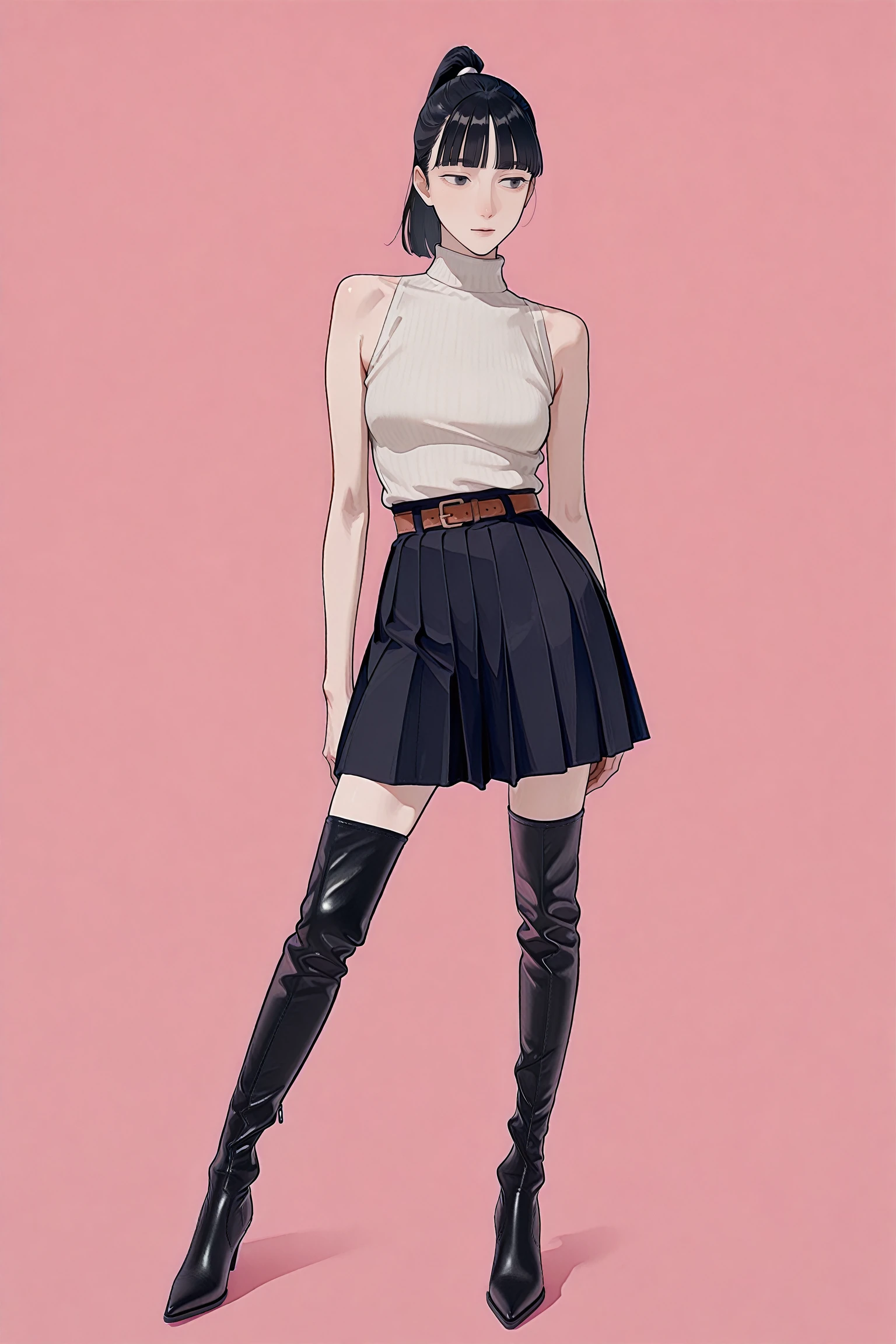 tonarino826,n0rakura,full body,simple background,pink background,
1girl,mature female,slender female,skinny,narrow waist,black hair,blunt bangs,high ponytail,contrapposto,
sleeveless,turtleneck,black skirt,pleated skirt,belt,zaracbb,thigh boots,boots,high heel boots,black footwear,leather boots,
masterpiece,best quality,amazing quality,very aesthetic,<lora:Tonarino826_ILL:1>,<lora:NorakuraILL_epoch_10:0.7>,<lora:ZaraCBBILL:1>,