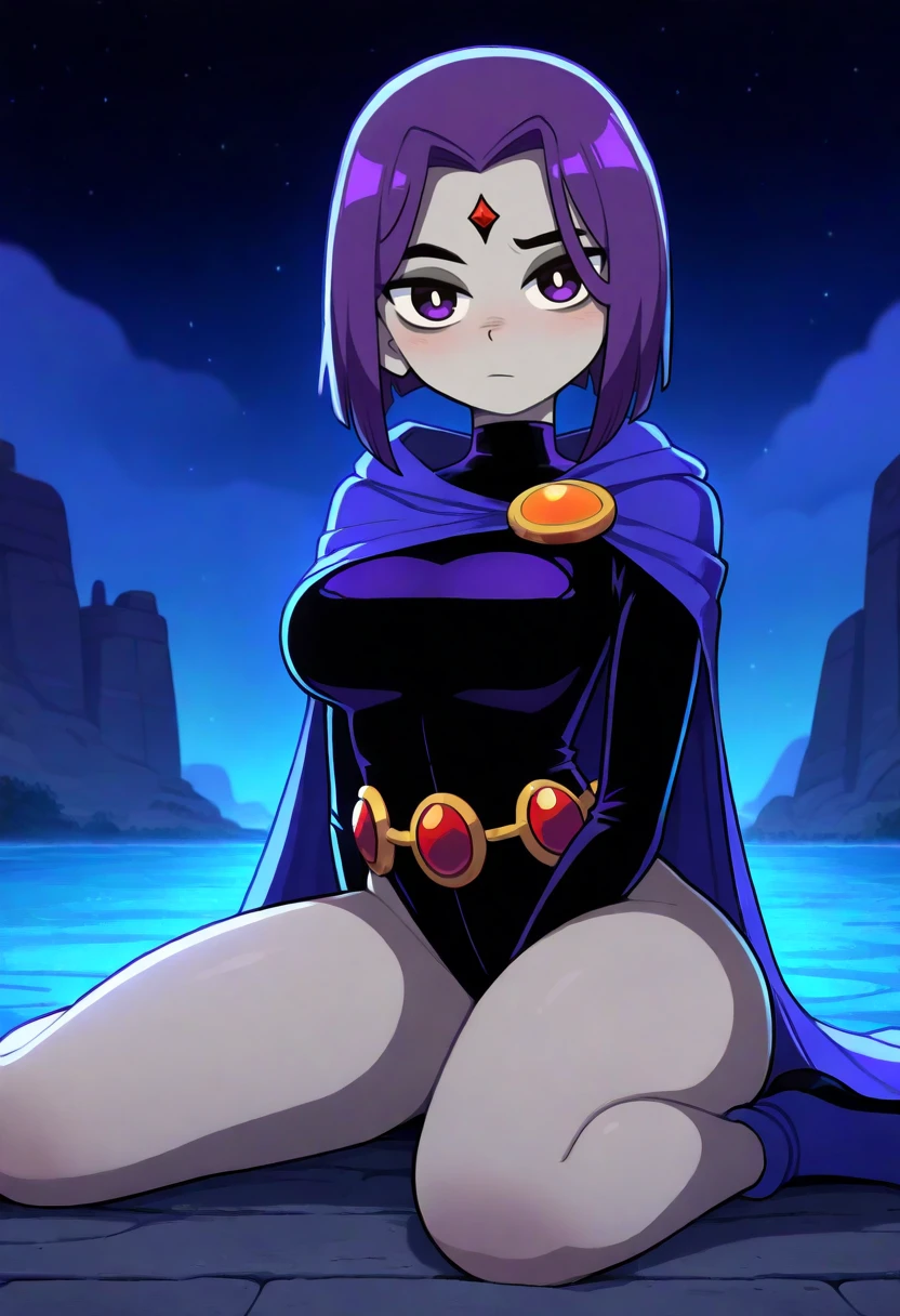 best quality, amazing quality, very aesthetic, absurdres,
1girl, solo, raven \(dc\), cloak, grey skin, thighs, outdoors, night sky, night, black leotard, long sleeves, purple hair, belt, wariza, sitting, looking at viewer, <lora:GaziterNoob_byKonan:1>