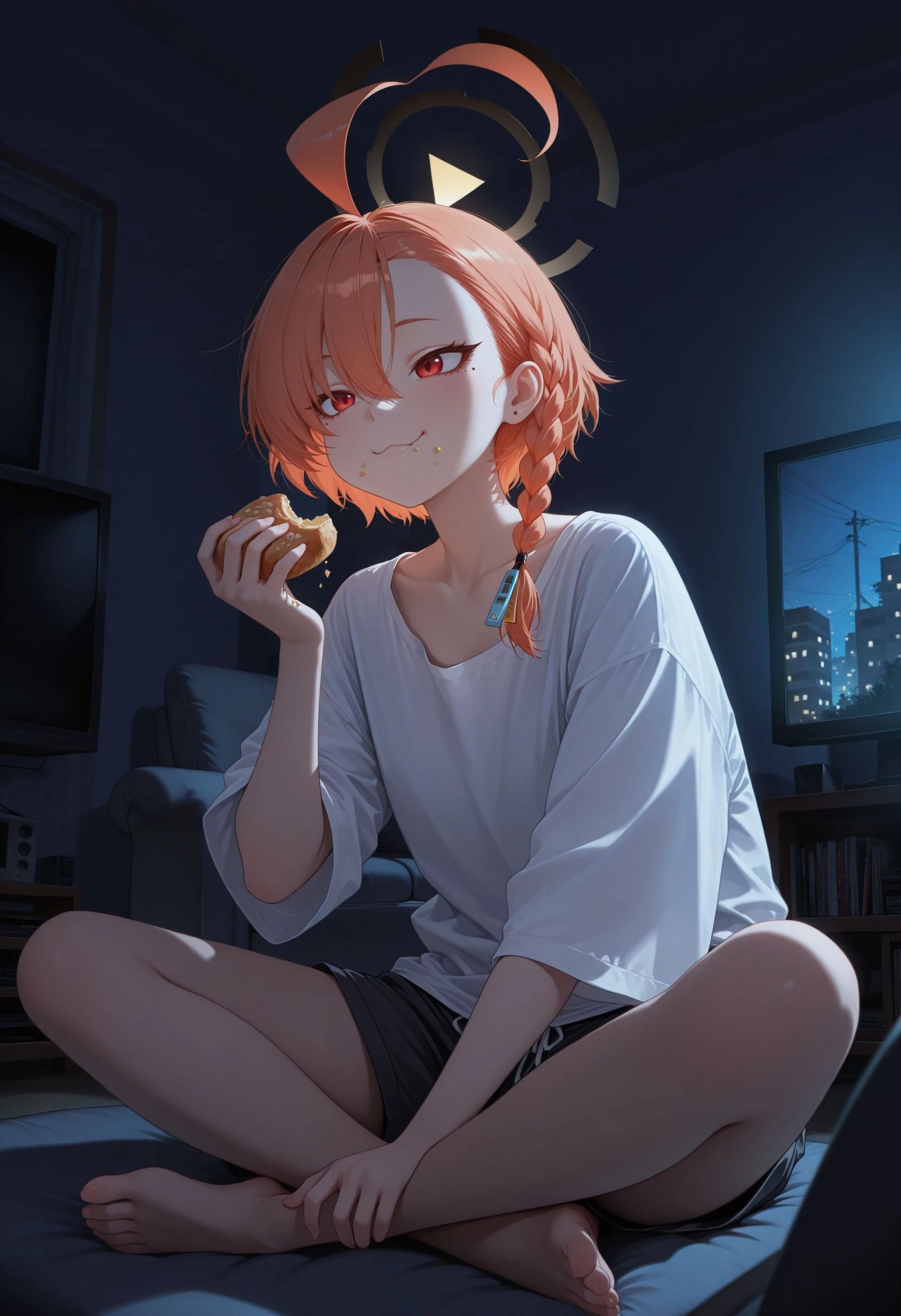 masterpiece, best quality, newest, very awa,
<lora:Neru illu:1> 1girl, halo, mole under eye, red eyes, orange hair, single braid, ahoge, short hair, huge ahoge, asymmetrical bangs
looking at screen, 1girl, solo, smile, :3, crumbs on face, holding, food , white shirt, shorts, sitting, sitting in front of television, eating, indoors,couch, indian style, feet, television, night, contrast, dark room, apartment,