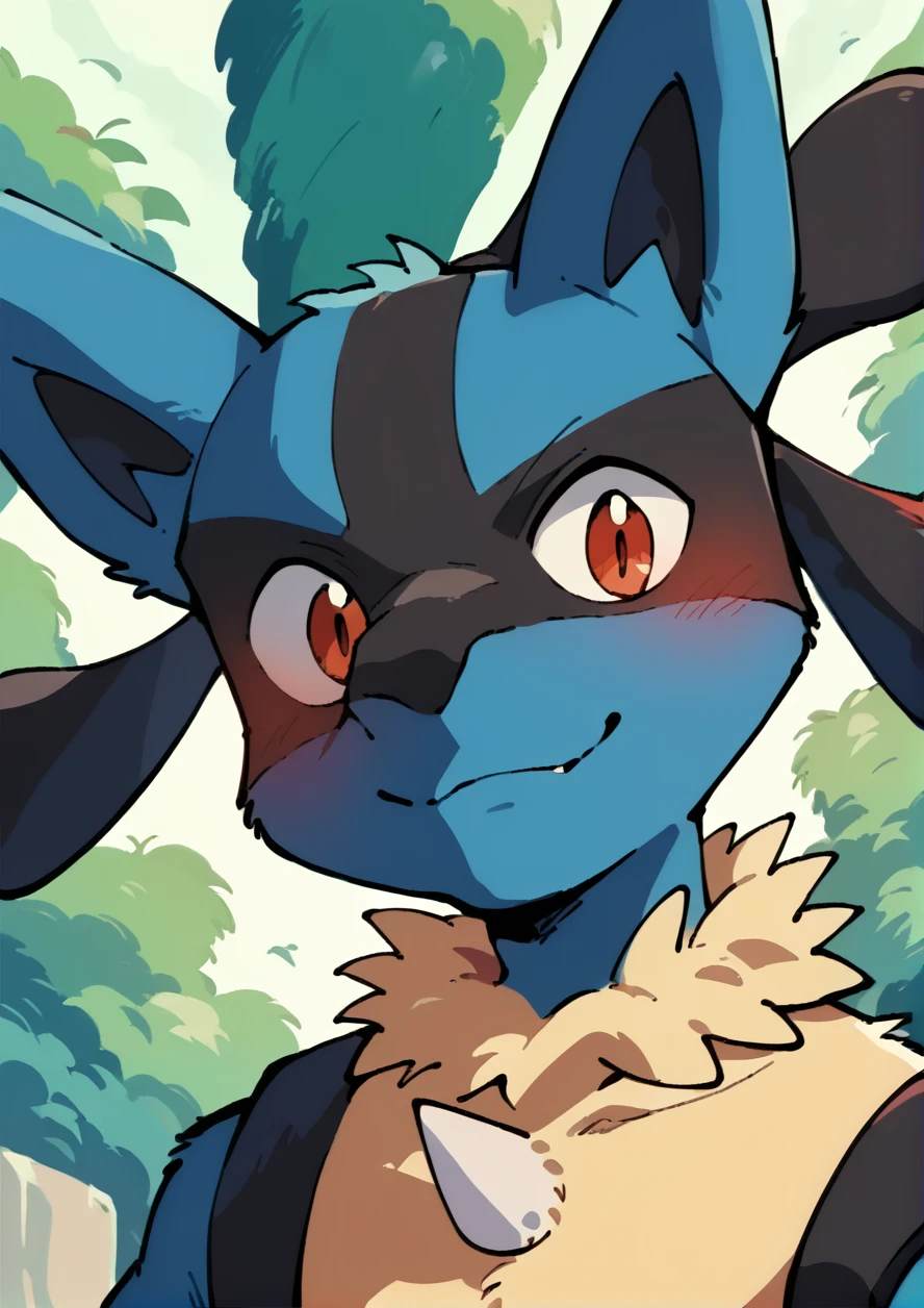 score_9, score_8up, score_7up, score_6up, source_anime, masterpiece, best quality, high quality, retro style, 1boy,lucario pokemon, (furry), upper body, smile, outdoors, <lora:Lucario:1> <lora:SakuraSakuma1982StylePony:1>