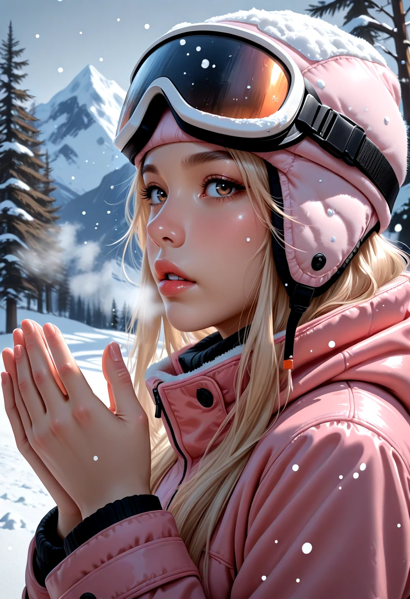 1girl, solo, blonde hair, , goggles, snow, parted lips, long hair, lips, ski goggles, mountain, tree, portrait, pink jacket, winter, snowing, , nose, from side, jacket, outdoors, breath, flush, platinum blonde, , warming hands, hands up, looking at viewer,