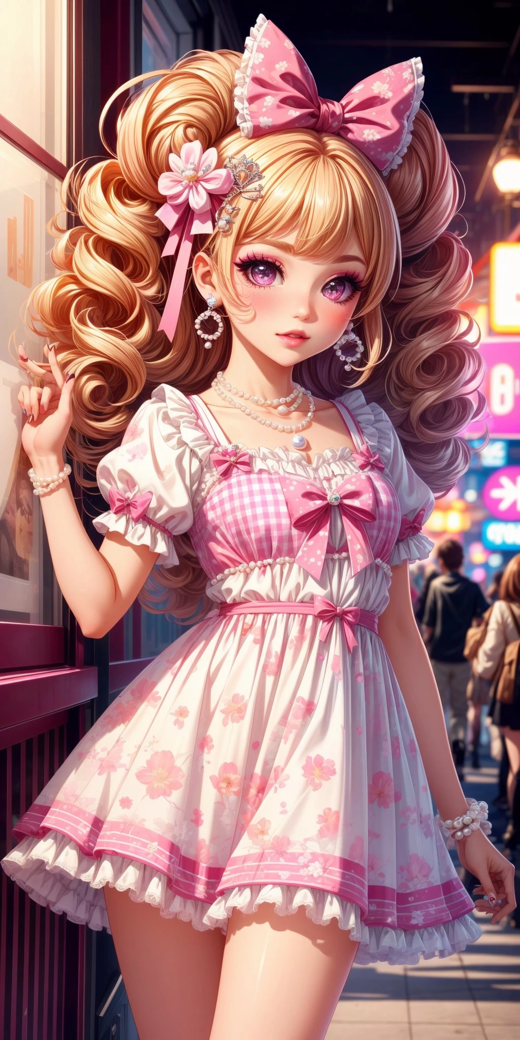 (halfbody) 1girl, big sparkling eyes, blush, full face blushing, hime gyaru, big hair, curly hair, large curls, honey blonde hair, makeup, lipstick, print clothing, floral print, plaid print, ((hot pink floral print pearl beaded short dress : 1.2)), puffy short sleeves, miniskirt, bow miniskirt, ruffles, frills, lace, lace trim, bows, hair ornaments, hair ribbons, ribbon headband, (princess tiara), pearl, pearl hair ornament, light cute jewelry, necklace, pink theme, white theme, <lora:more_details:0.7>, <lora:scene_:0.5>, <lora:FashionComplexityEnhancerLORAv1:0.4>, <lora:b0f12bd0-2b72-441b-994e-54c9fc47df3f:0.6>, <lora:96073874-f082-4683-942e-601cecac5c40:0.3>, <lora:f7d08feb-f21d-42d0-9ef1-a9481867524d:0.3>, <lora:5844635f-c9c3-4f9e-85c4-d0d40f201159:0.3>, <lora:betterLight_v10:0.3>, ,