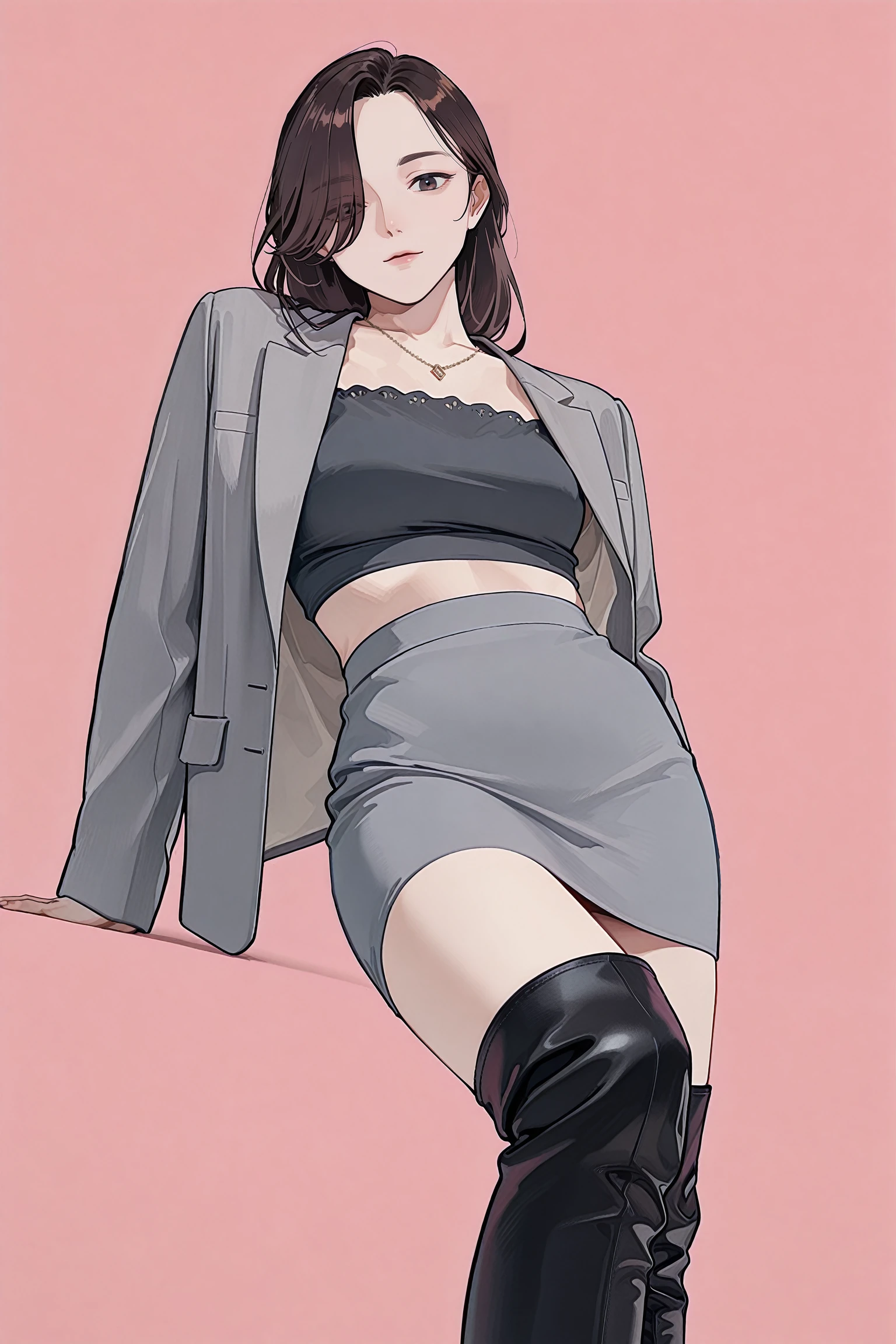 tonarino826,n0rakura,simple background,pink background,dynamic angle,foot focus,
1girl,solo,mature female,slender female,skinny,narrow waist,
skirt,jacket,grey jacket,long hair,necklace,crop top,grey skirt,pencil skirt,black hair,midriff,brown hair,looking at viewer,open jacket,hair over one eye,
zaracbb,thigh boots,black footwear,
masterpiece,best quality,amazing quality,very aesthetic,<lora:Tonarino826_ILL:1>,<lora:NorakuraILL_epoch_10:0.7>,<lora:ZaraCBBILL:1>,