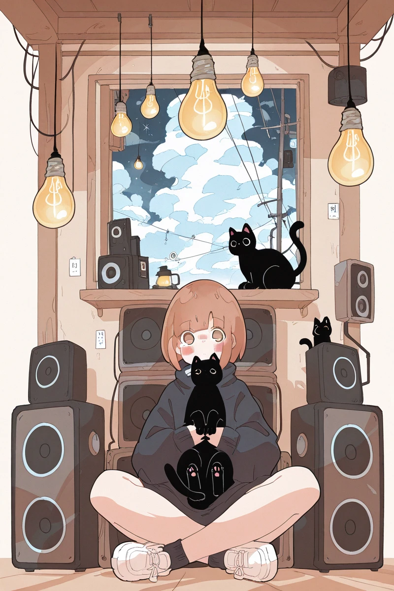 masterpiece, best quality, amazing quality,
 <lora:Haru579_IL:1> harust, 1girl, brown hair, solo, shoes, black cat, sitting, long sleeves, cat, light bulb, socks, animal on lap, wide shot, brown eyes, cloud, blush, lamp, bangs, speaker, white footwear